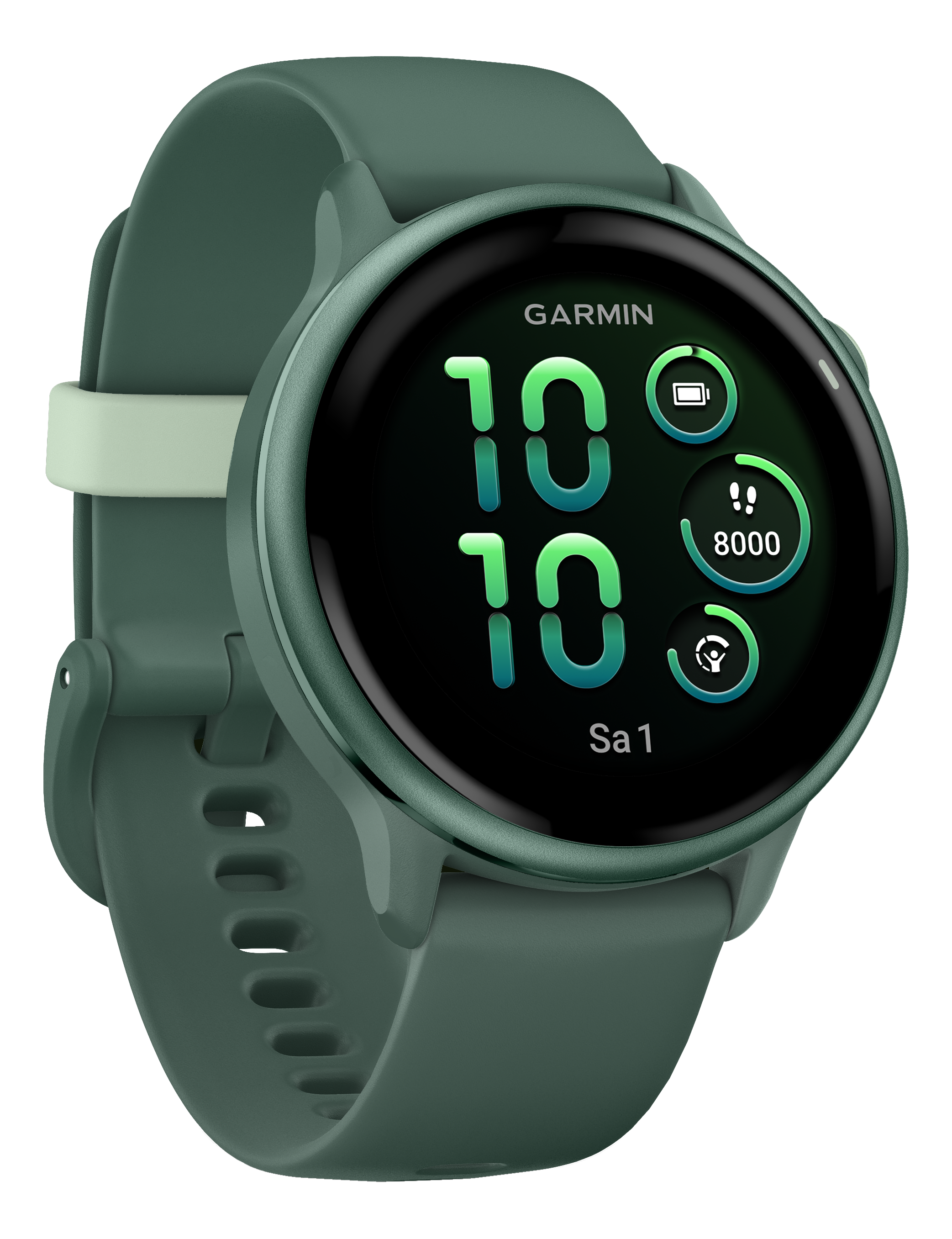Une montre intelligente Garmin verte avec affichage numérique, données et icônes.