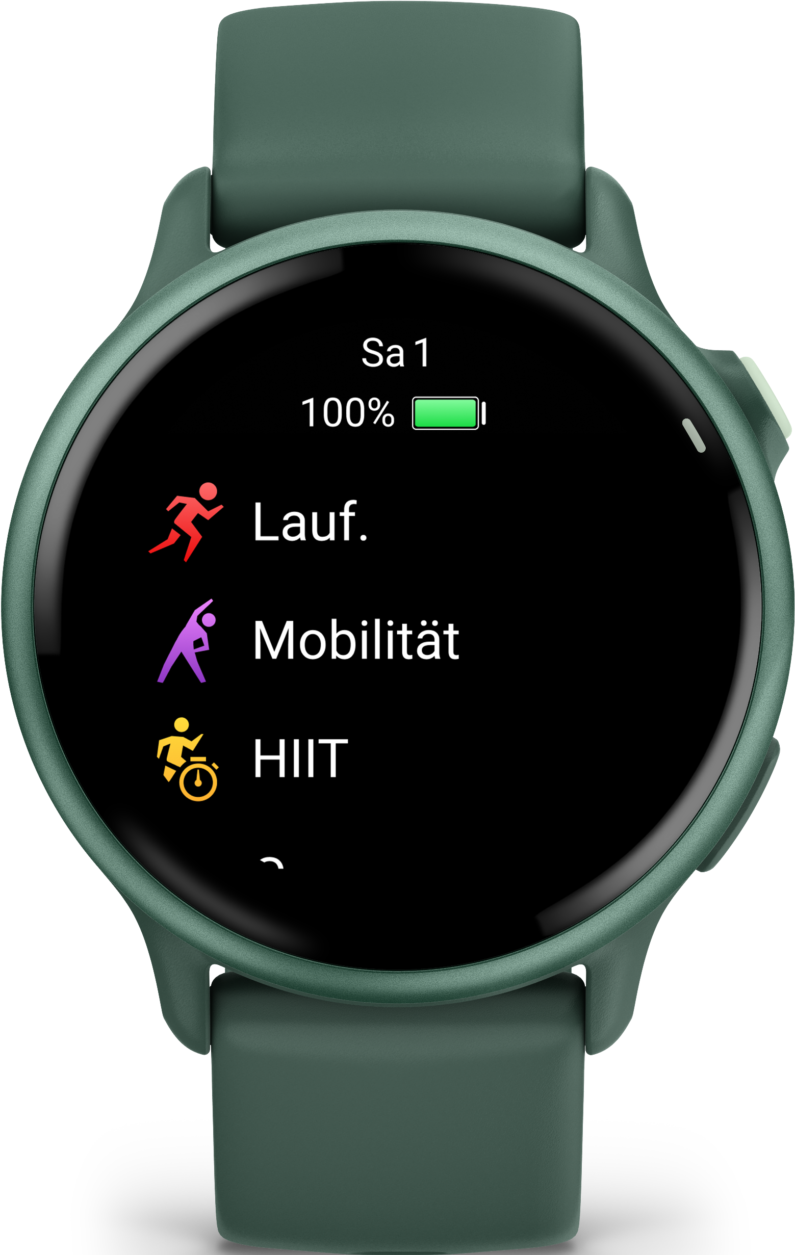 Une montre intelligente verte affichant les options d'exercice : course, mobilité et HIIT, avec batterie à 100 %.