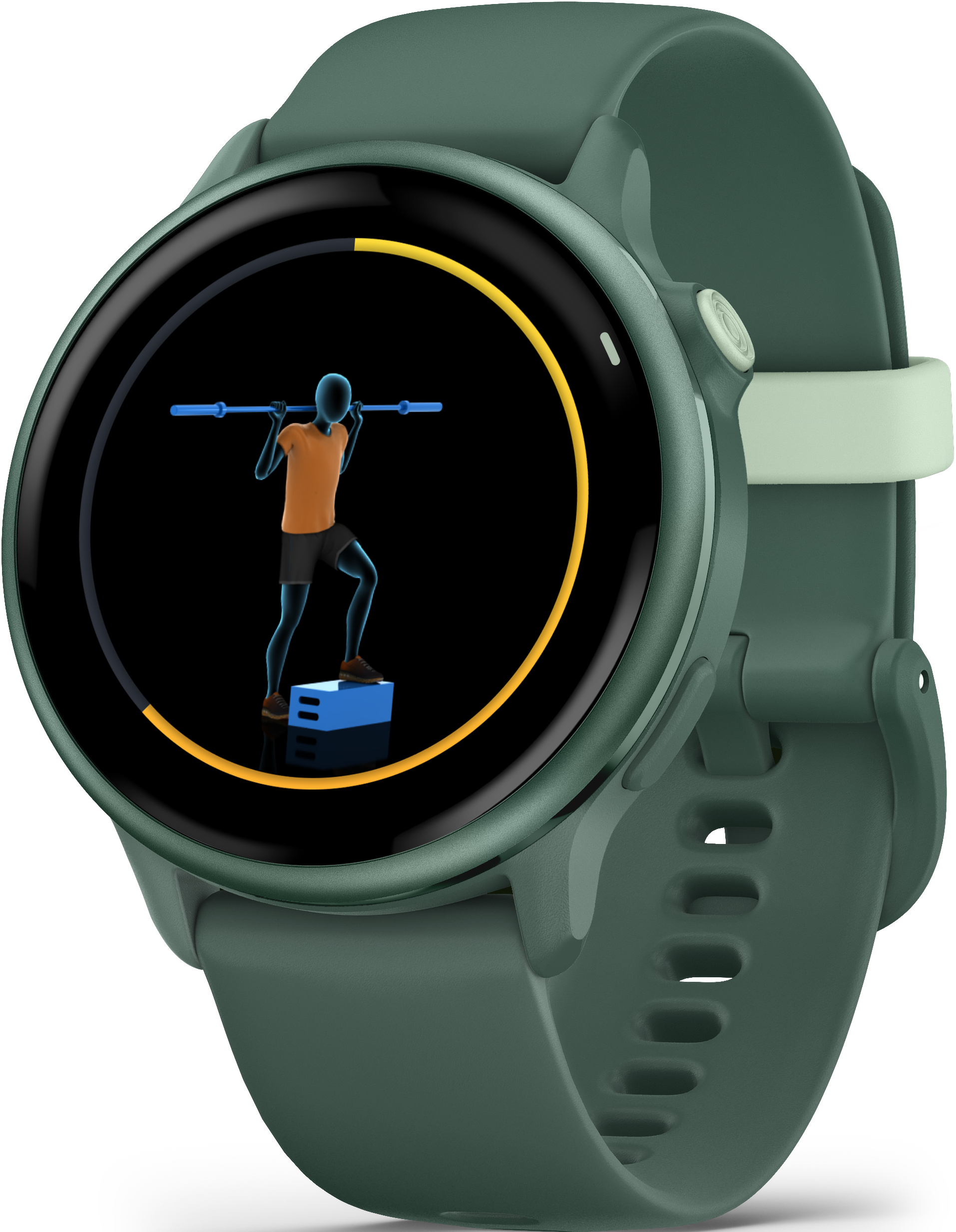 Une montre connectée verte avec un écran noir affichant un graphique d'entraînement.