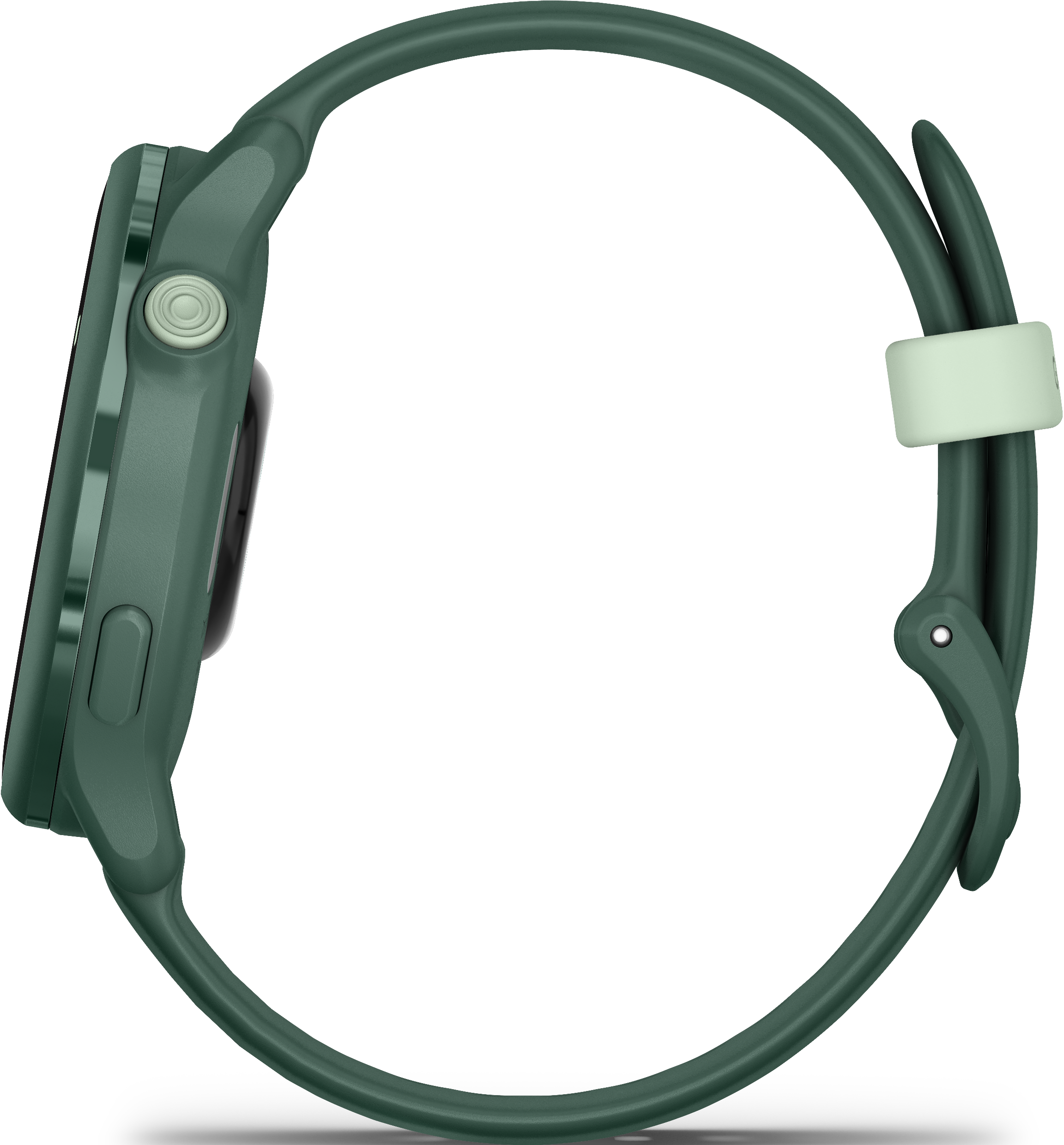 Montre intelligente verte, vue latérale, bracelet et corps verts, écran noir.