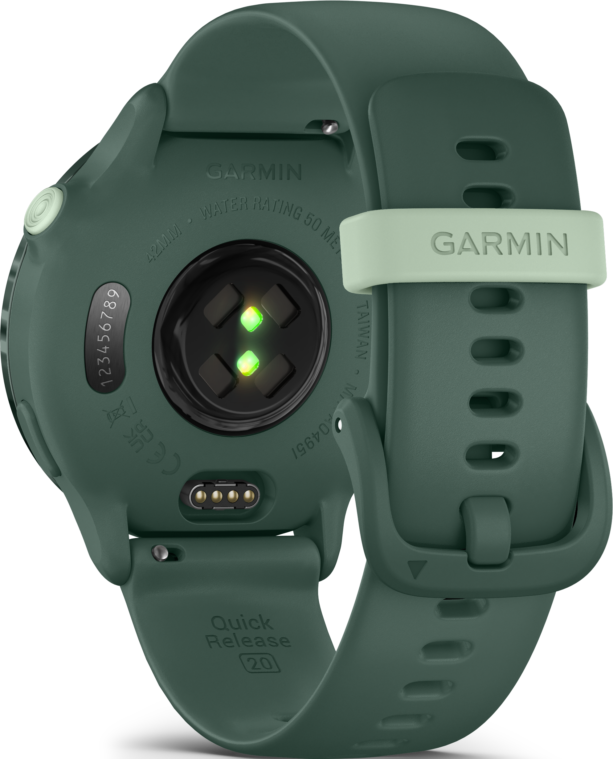 L'arrière d'une smartwatch Garmin verte avec un bracelet vert. Le capteur de fréquence cardiaque est visible.