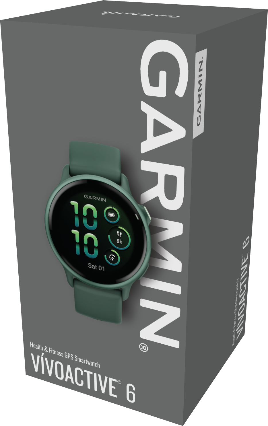 Boîte de montre intelligente Garmin Vivoactive 6. Montre vert foncé sur le devant. Boîte grise.
