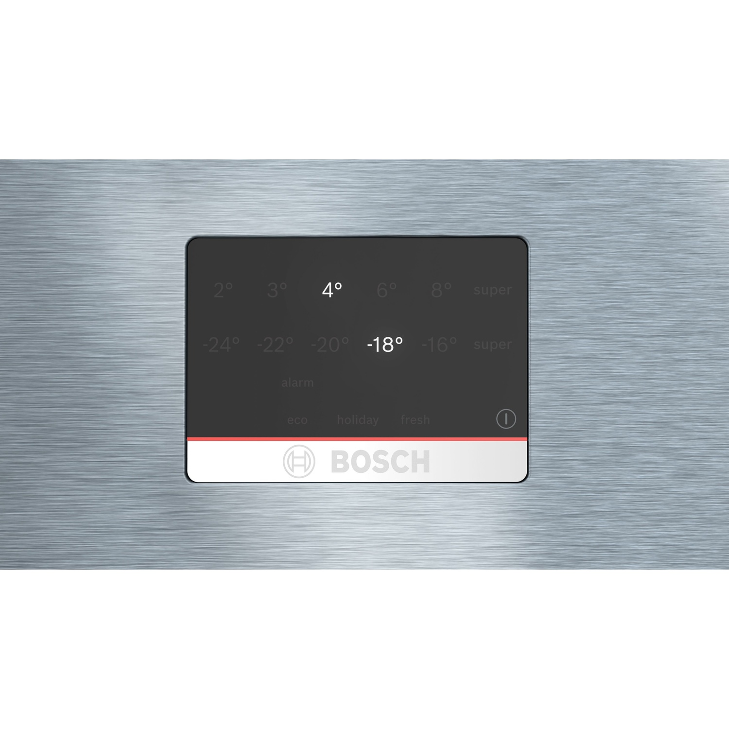 Pannello di controllo del frigorifero con impostazioni della temperatura e logo Bosch.