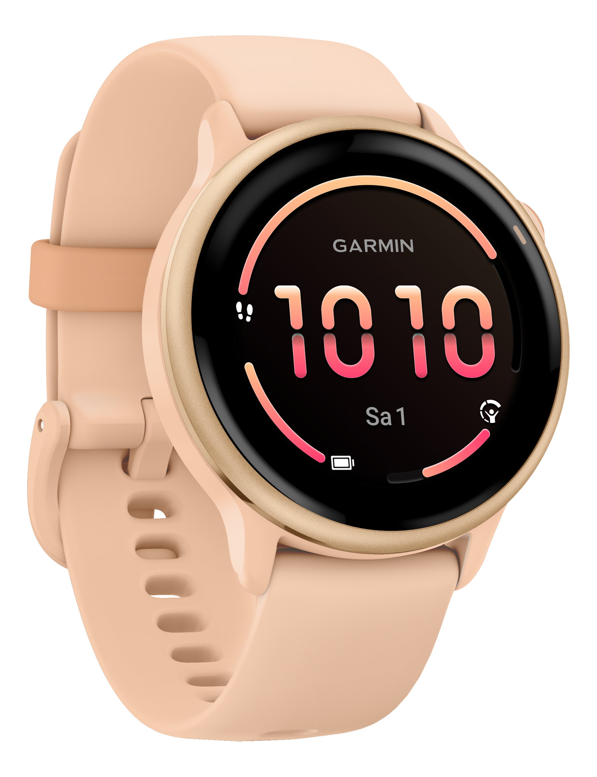 Une montre intelligente Garmin beige affichant l'heure 10h10. La montre a un écran noir.