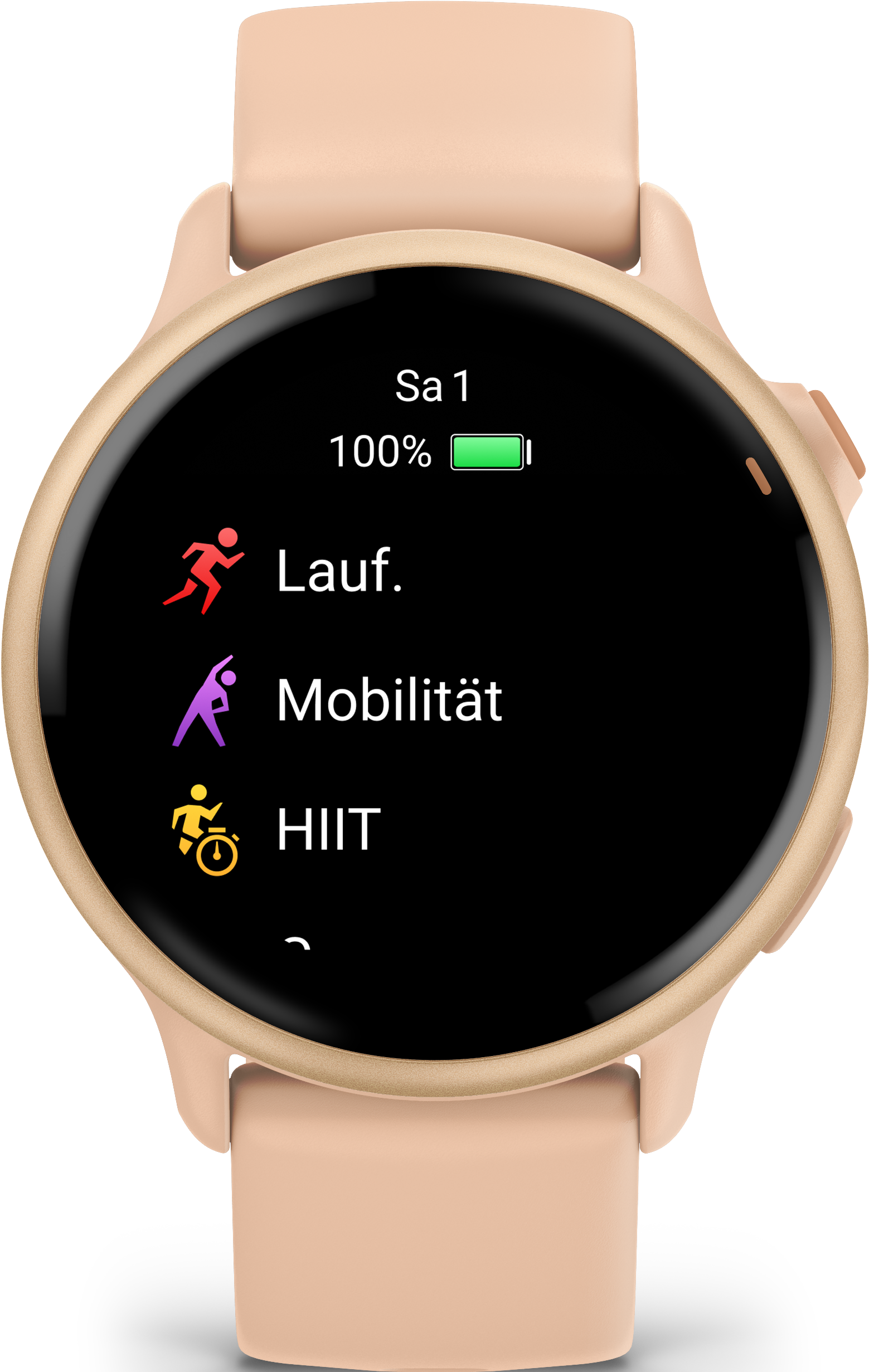 Gros plan sur l'écran d'une smartwatch. Il affiche les données d'activité, le niveau de batterie et la date.