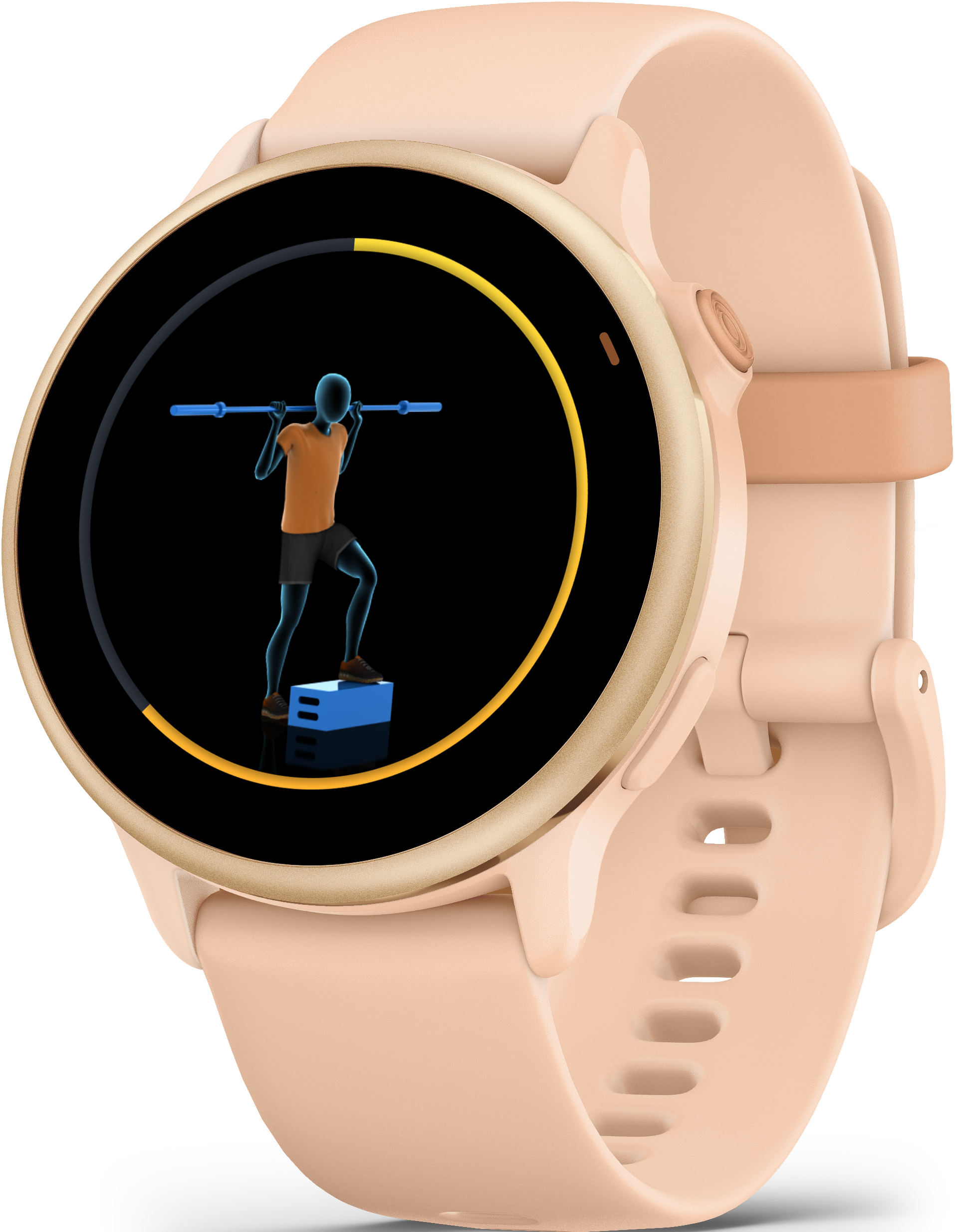 Une montre intelligente montre une personne soulevant des poids avec une barre, sur fond noir.