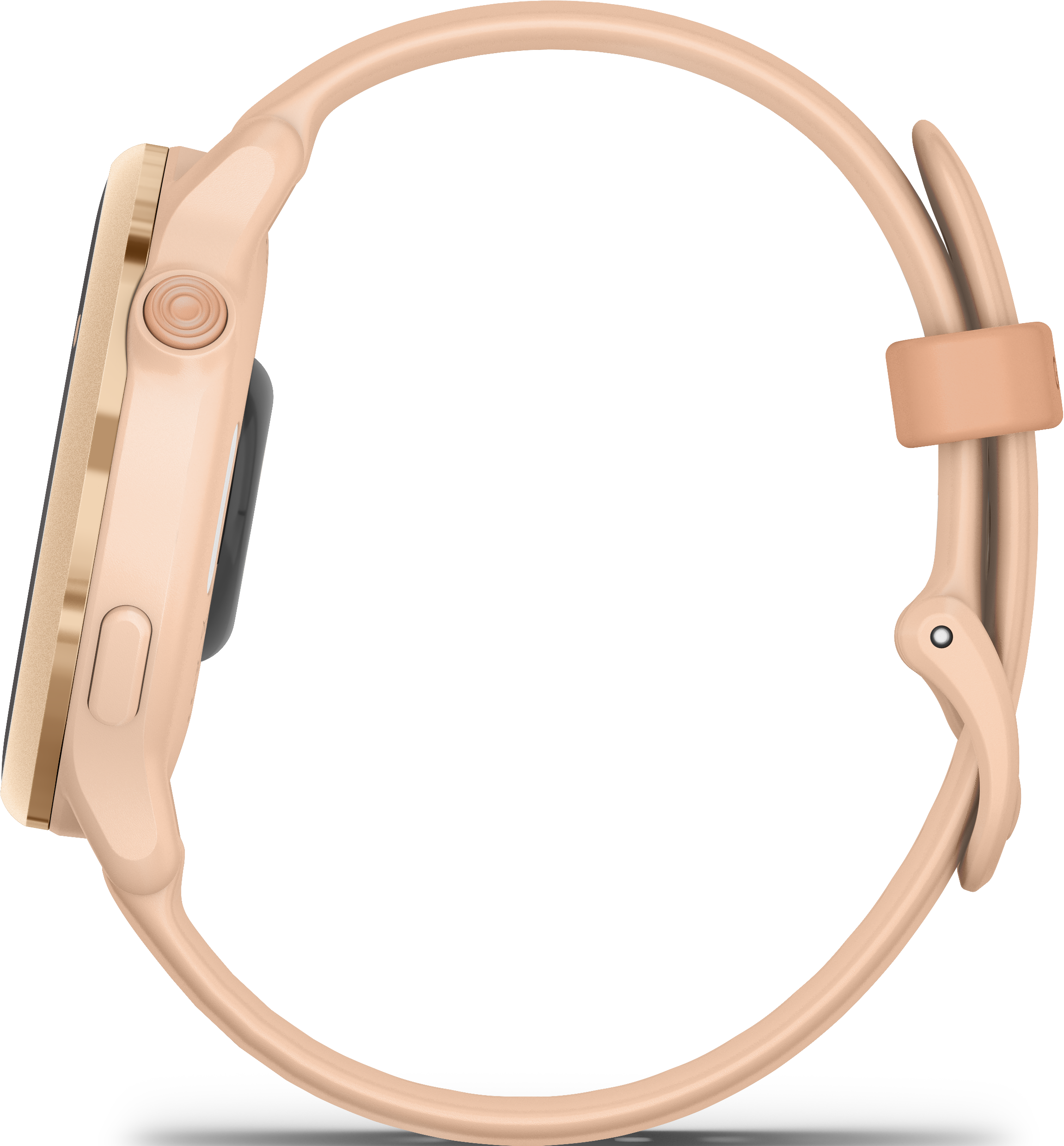 Vue latérale d'une smartwatch. Montre beige avec cadran rond et bracelet beige.