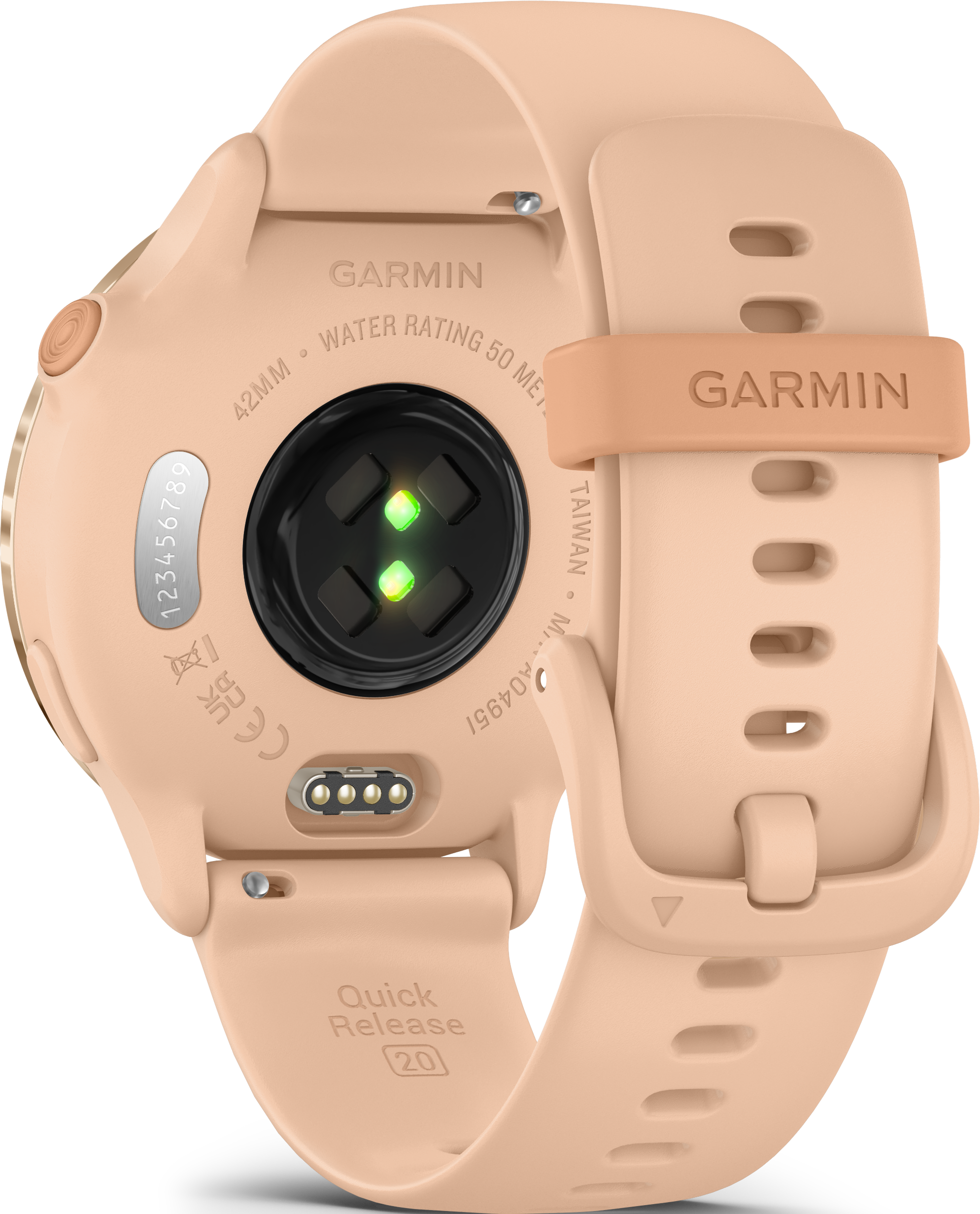 Gros plan du dos d'une smartwatch Garmin. Il est pêche clair avec un bracelet assorti et une zone de capteur noire.