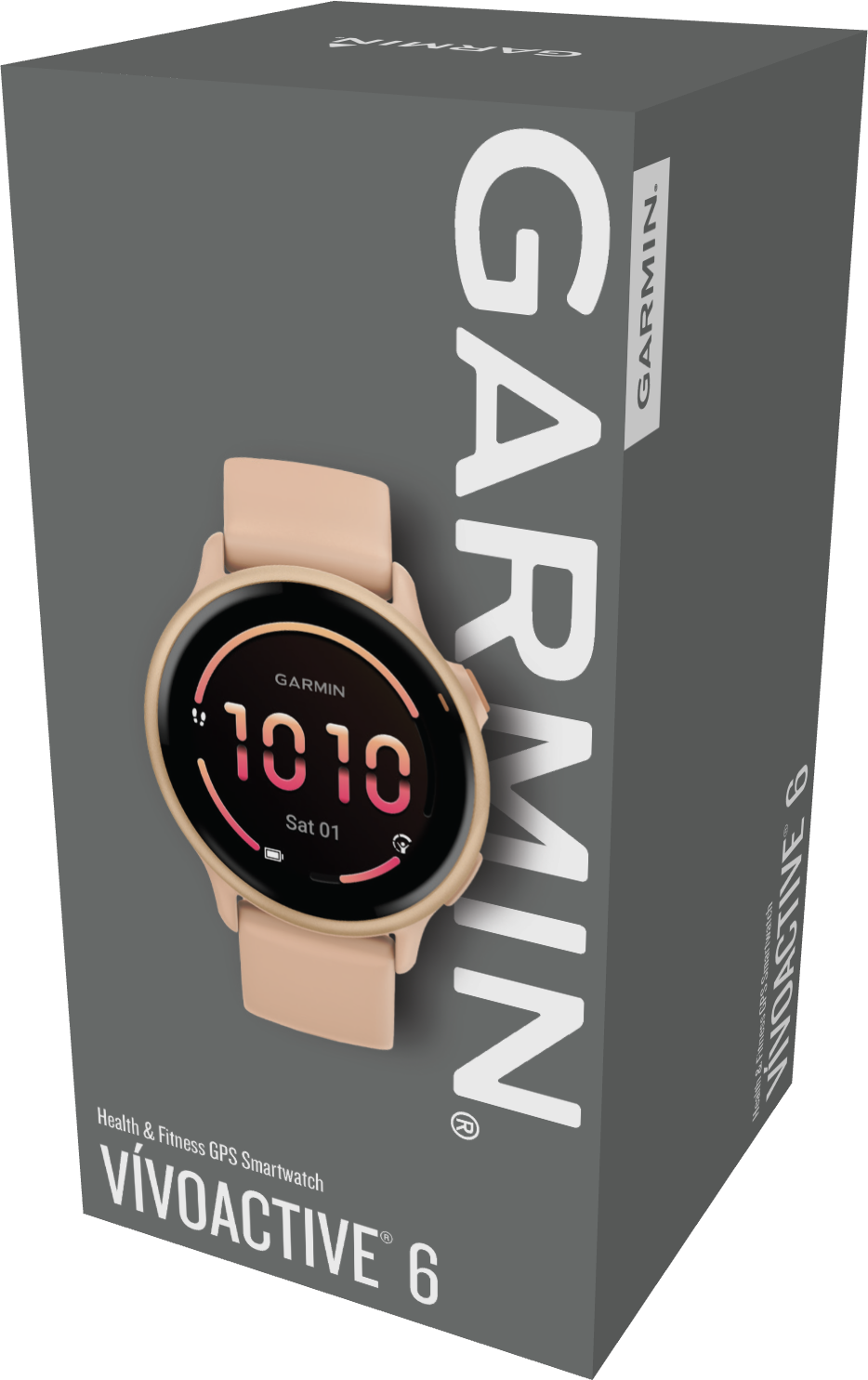 Boîte de montre intelligente Garmin. Boîte grise avec image de la montre et logo Garmin. Texte Vivoactive 6.