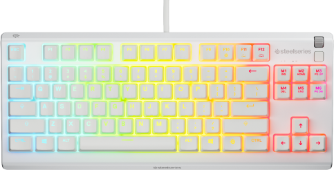Weiße Tastatur mit regenbogenfarbenen Tasten, Steelseries-Logo oben rechts.