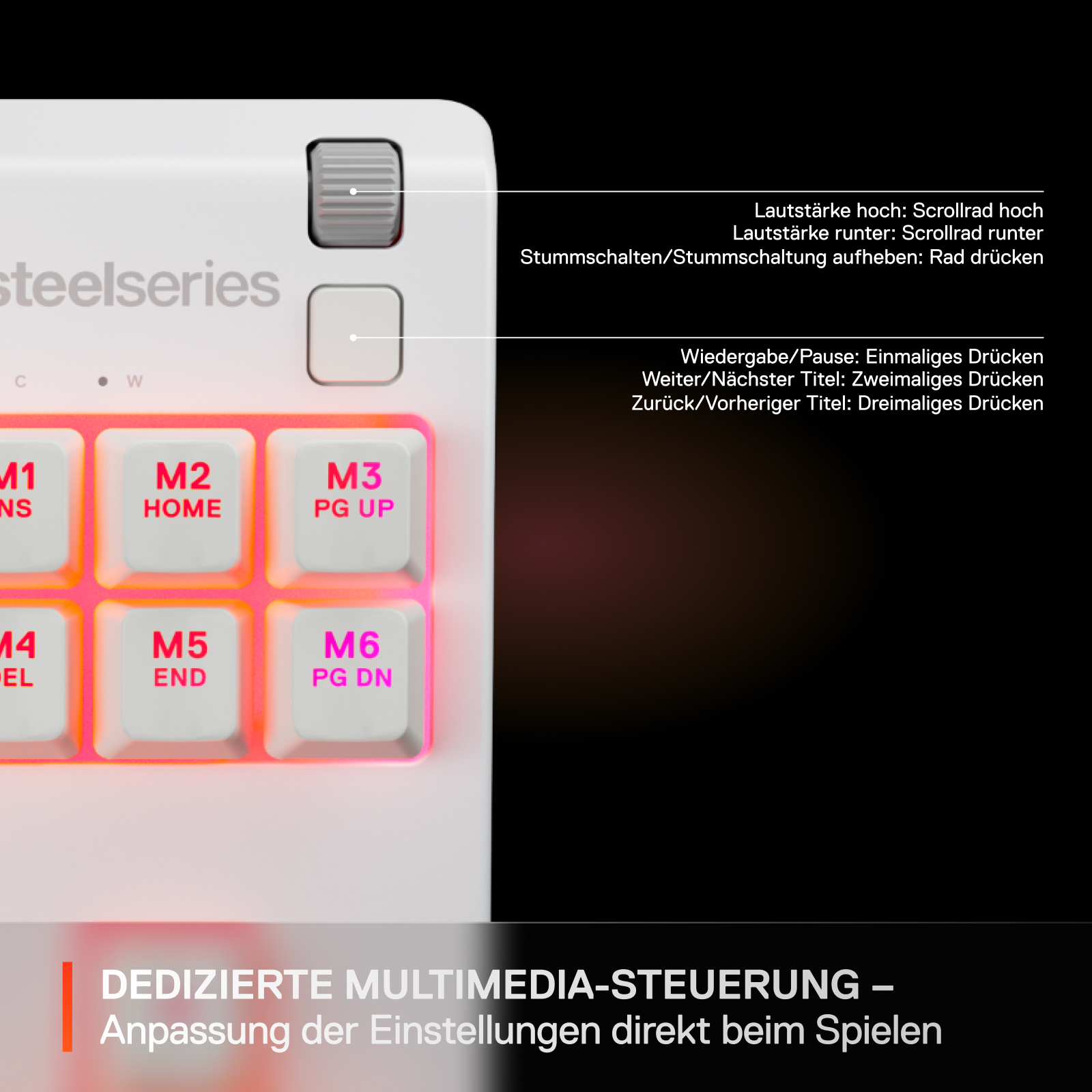 Weiße Tastatur mit pink beleuchteten Tasten. Sie hat Lautstärke- und Medientasten. Das Steelseries-Logo ist sichtbar.