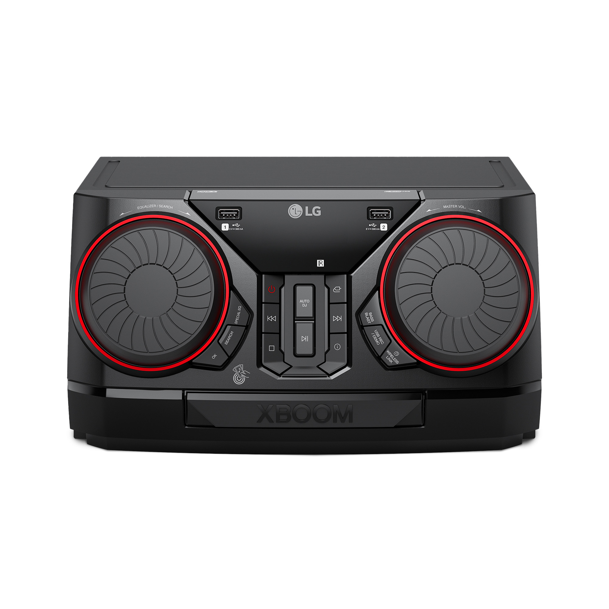 Altavoz de audio LG XBOOM negro con detalles rojos, fondo blanco.