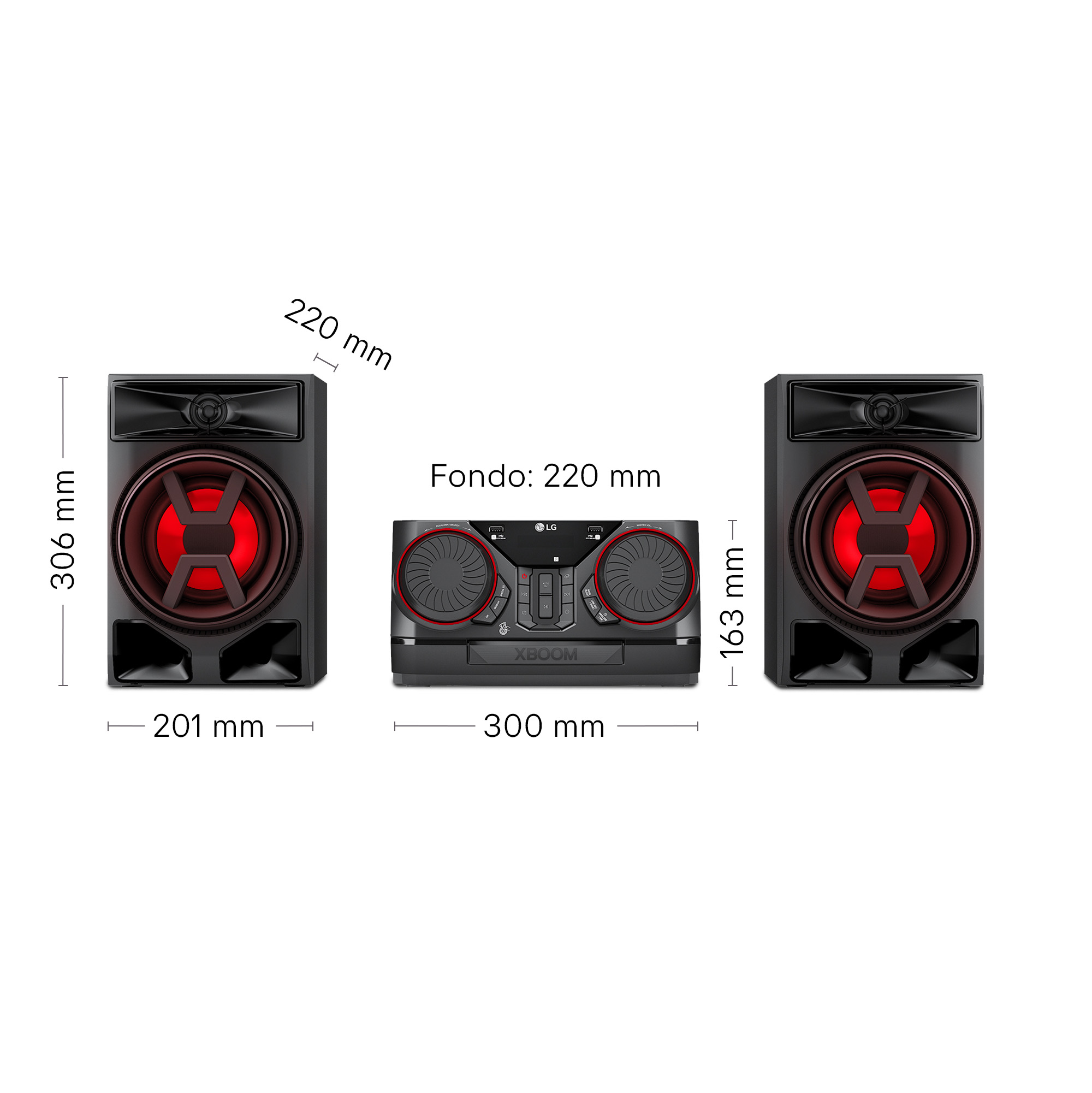 Un sistema de audio LG XBOOM con dos altavoces y una unidad de control central, dimensiones visibles.