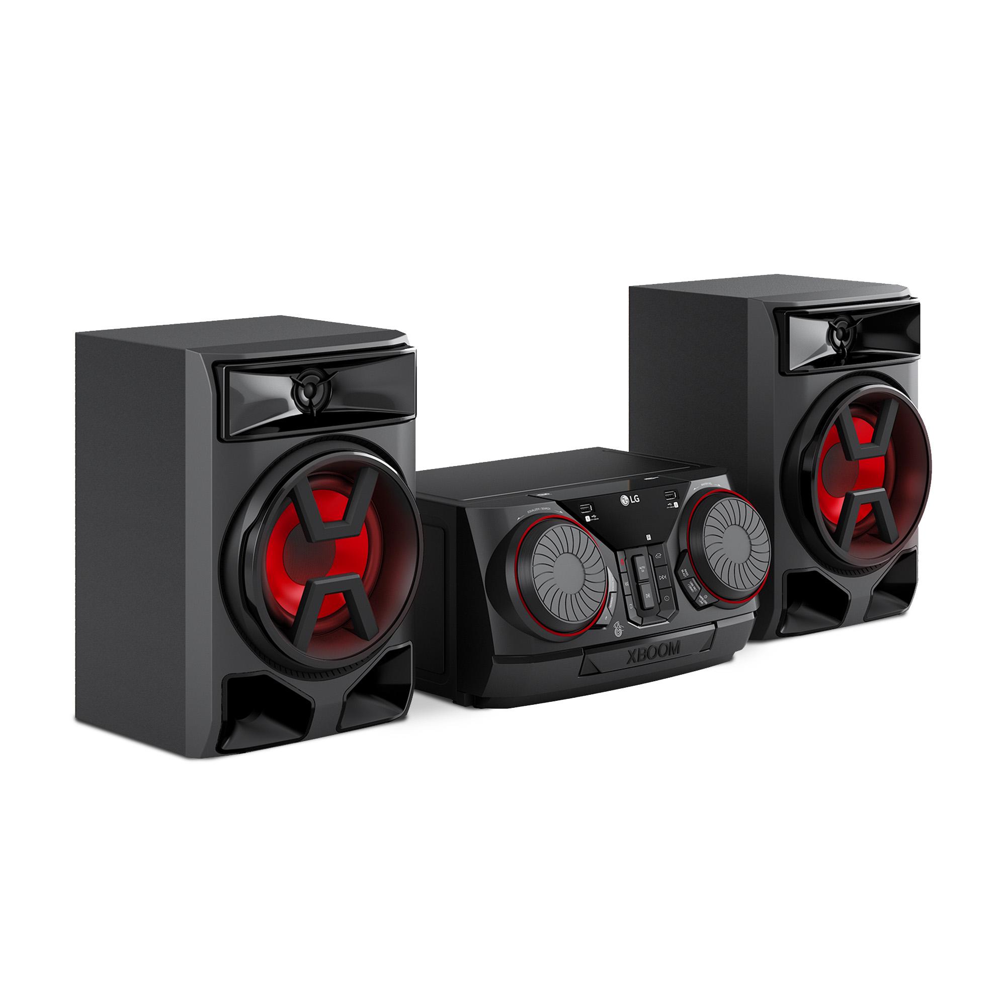 Sistema de audio LG XBoom negro con dos altavoces y una unidad central con detalles rojos.