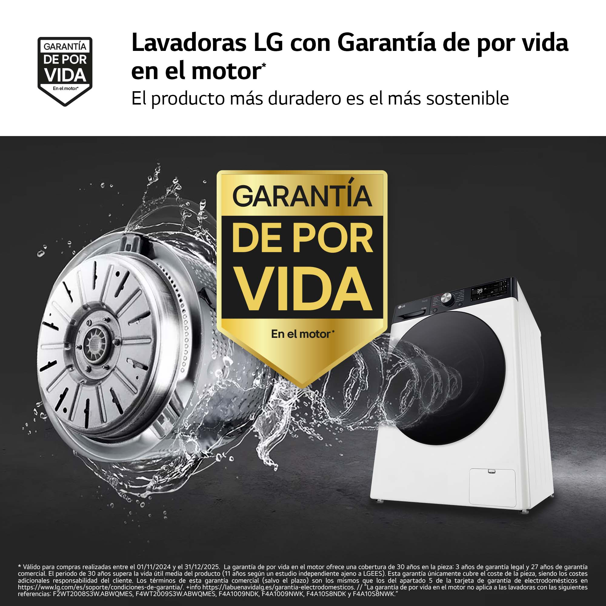 Lavadora LG con garantía de motor. La máquina es blanca y tiene una pantalla digital.