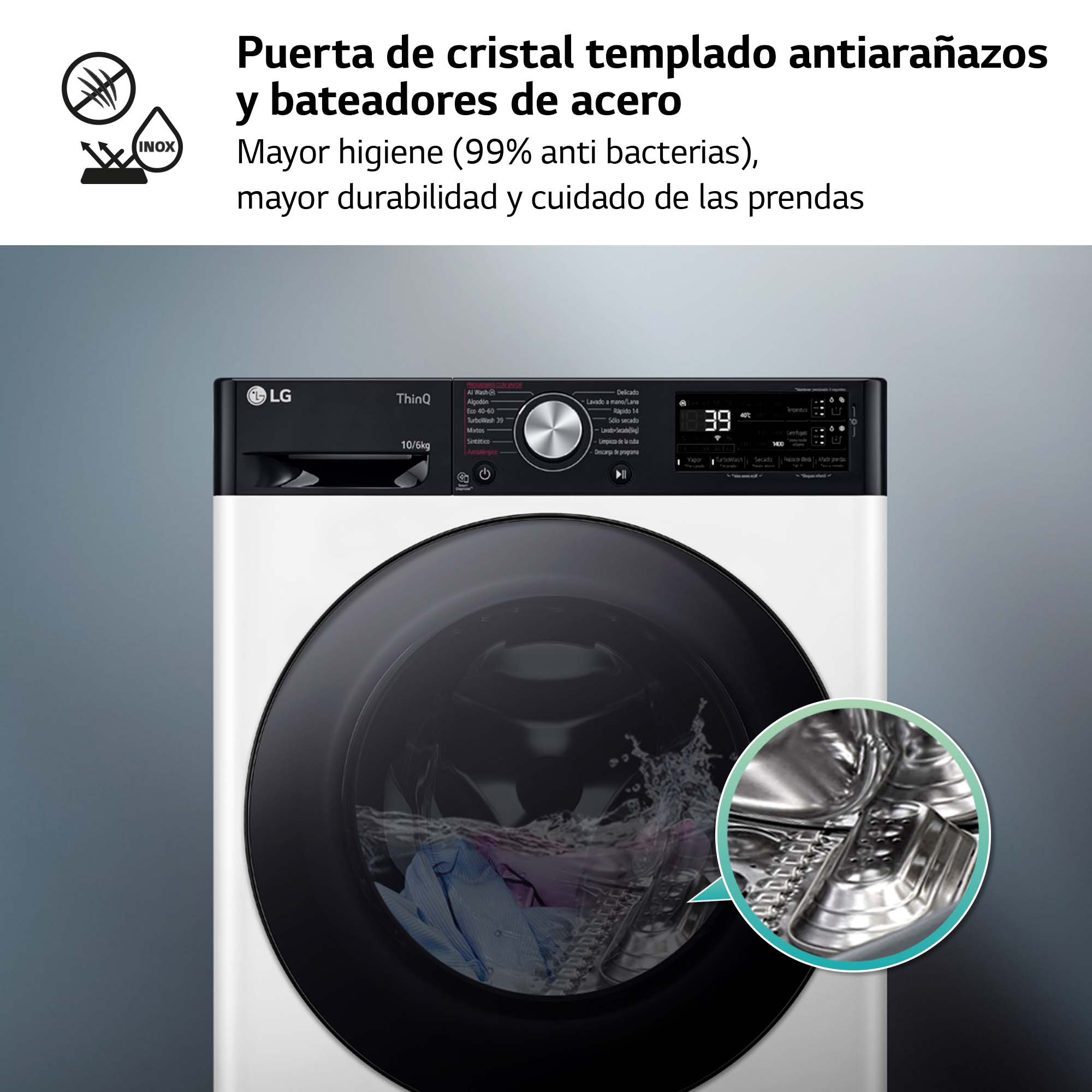 Lavadora blanca con puerta y panel de control negros, con zoom.