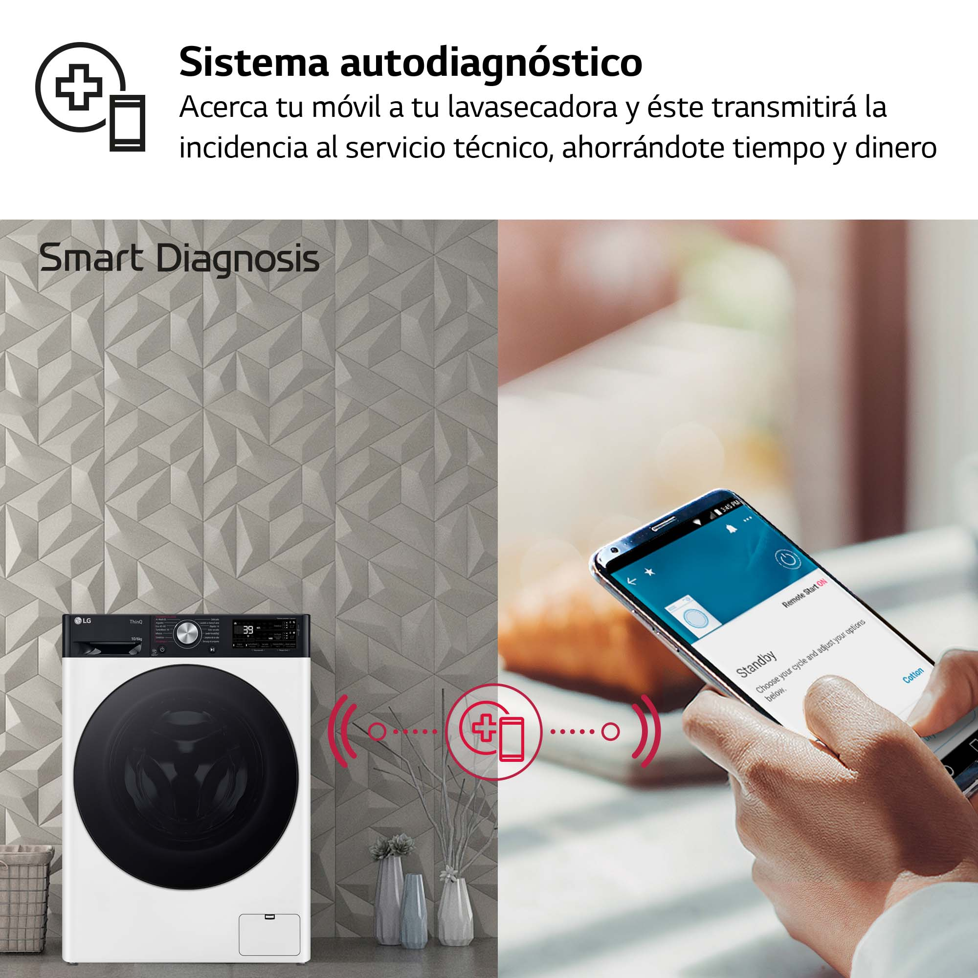 Una lavadora con una pantalla de smartphone que muestra la configuración.