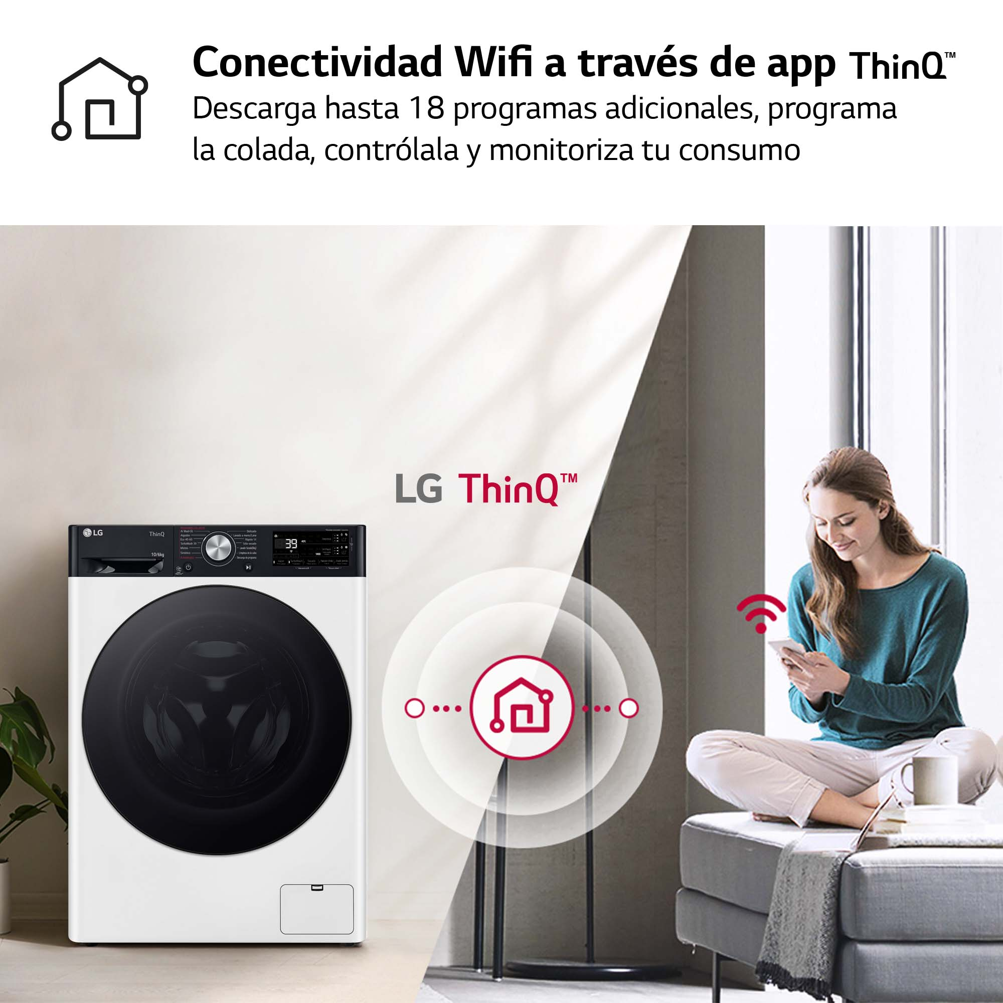 Mujer usando teléfono junto a lavadora con texto sobre conectividad wifi.