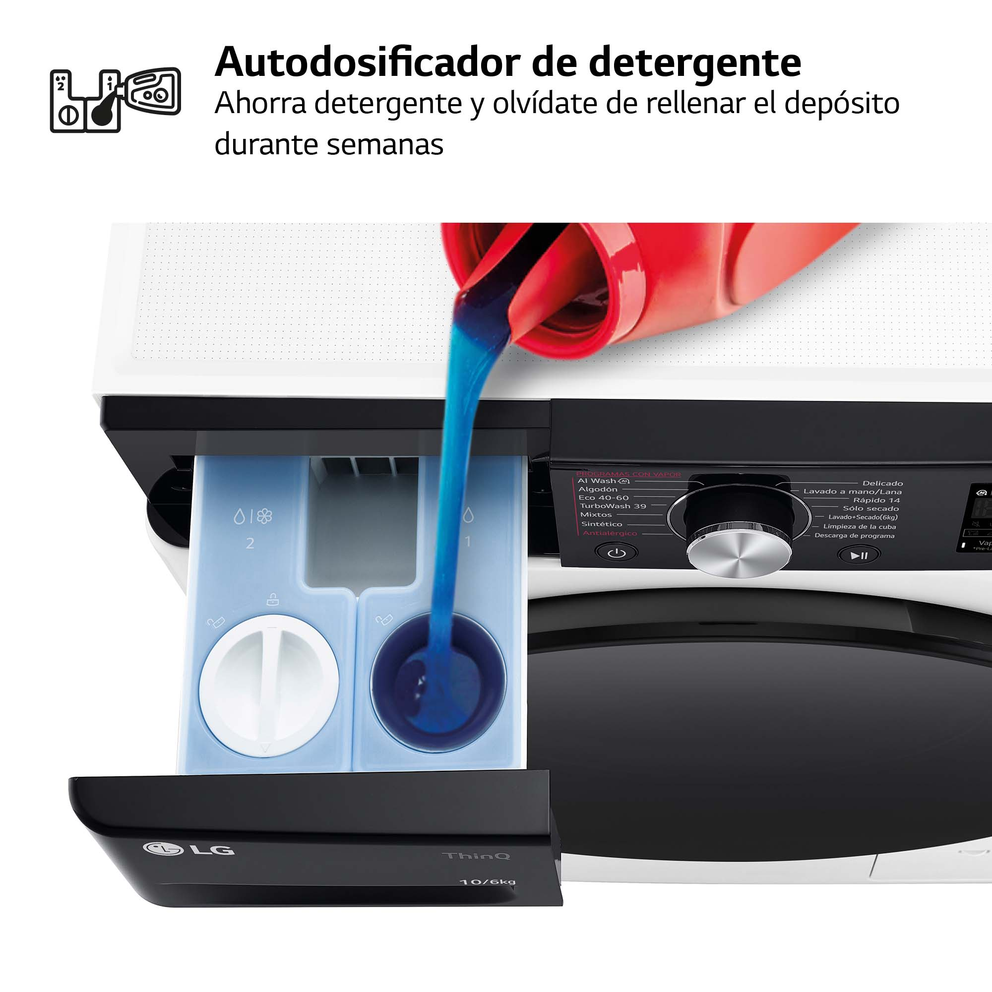 Lavadora con detergente vertiéndose en un cajón, con etiquetas de texto.