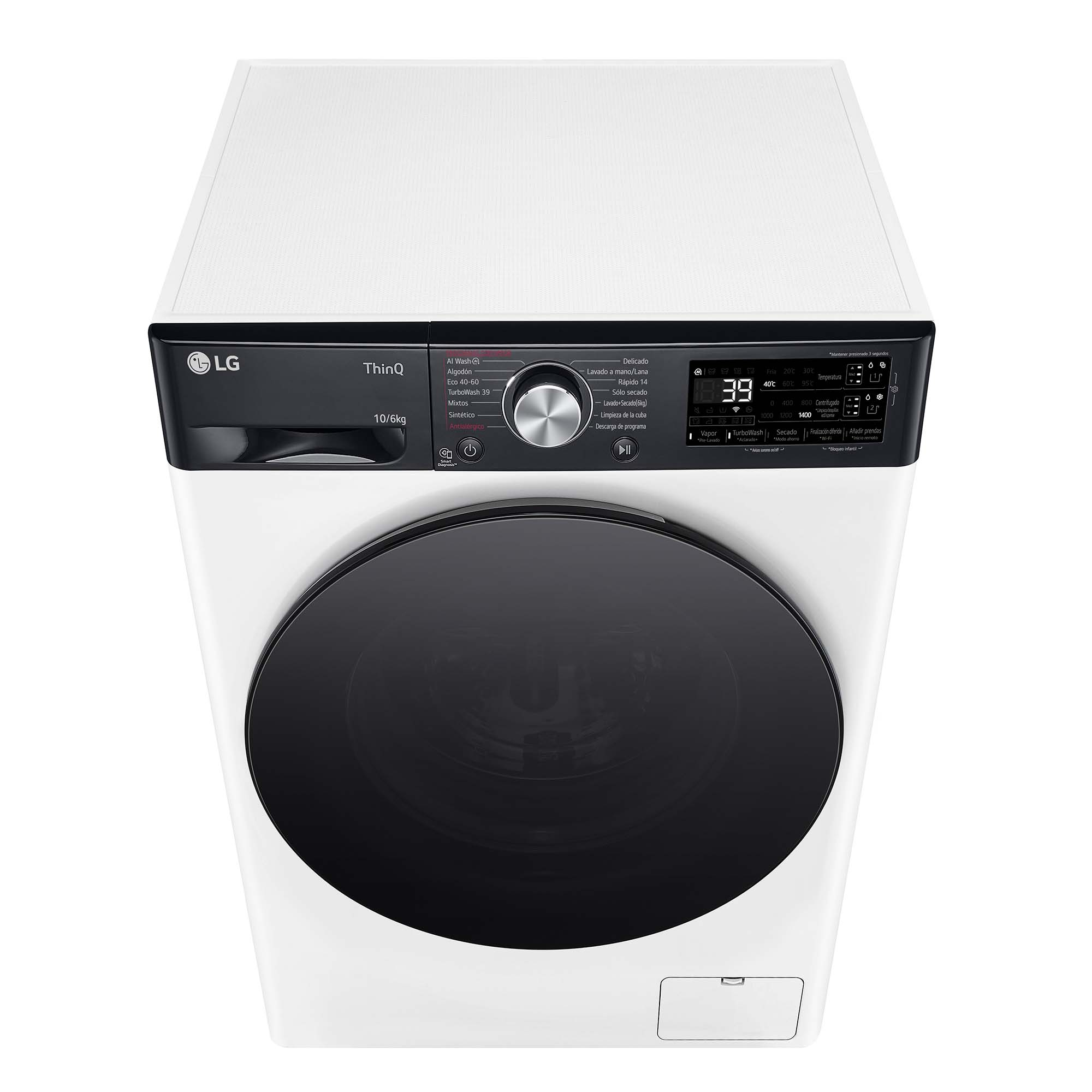 Vista superior de una lavadora LG blanca con puerta negra y panel de control.