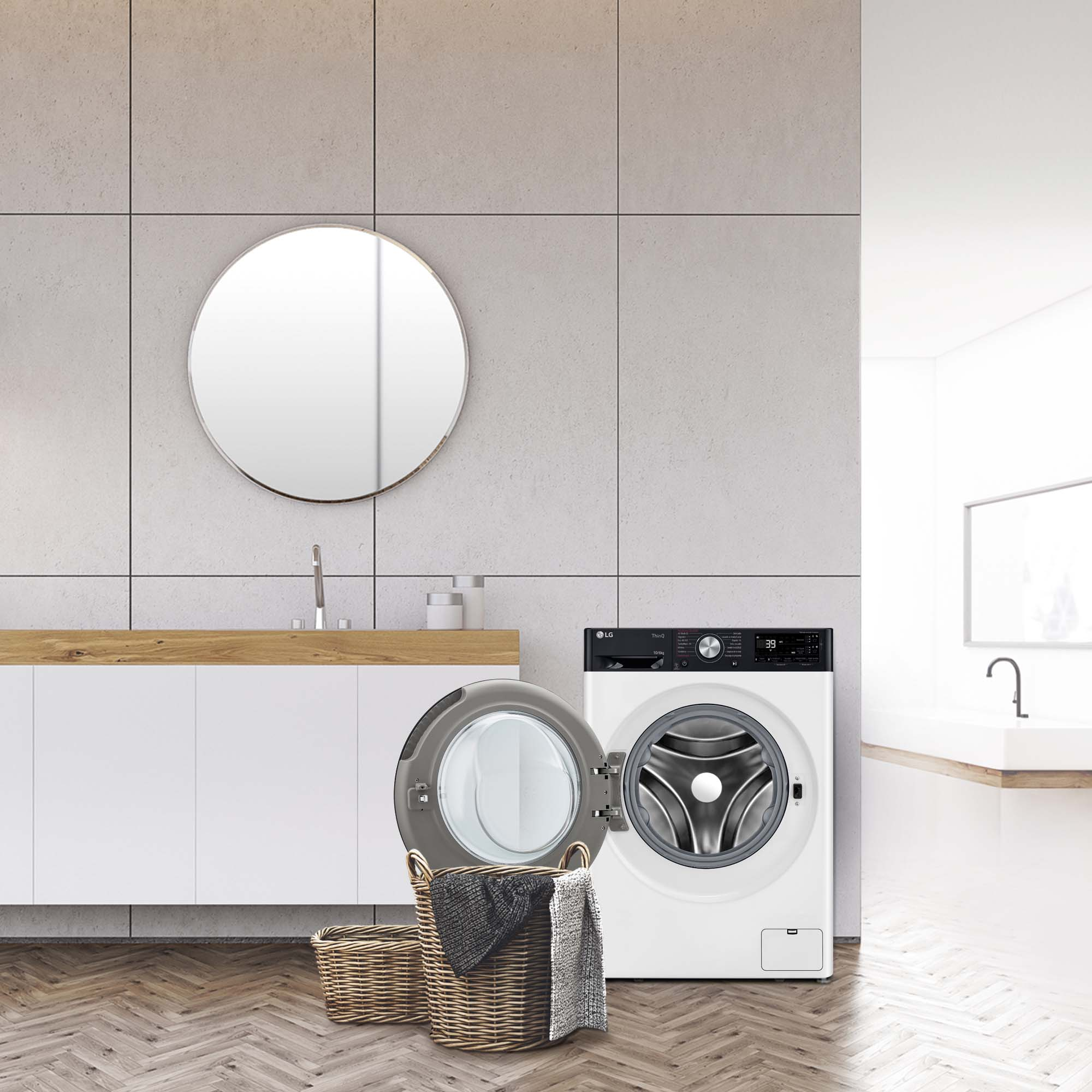 Escena de baño con lavadora, espejo, lavabo y cestas de lavandería.