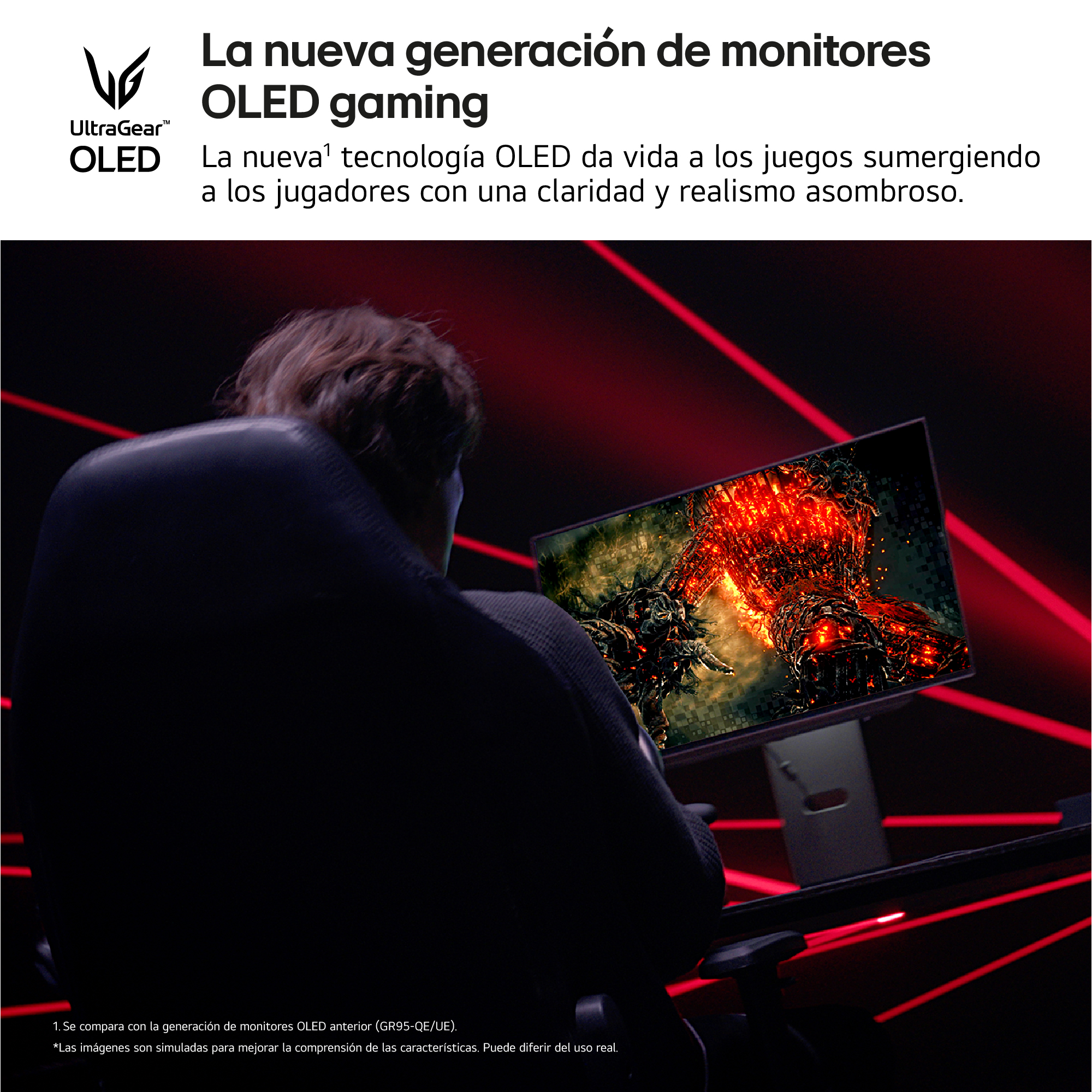 Una persona está jugando en un monitor OLED grande en una habitación oscura. Luces rojas visibles.
