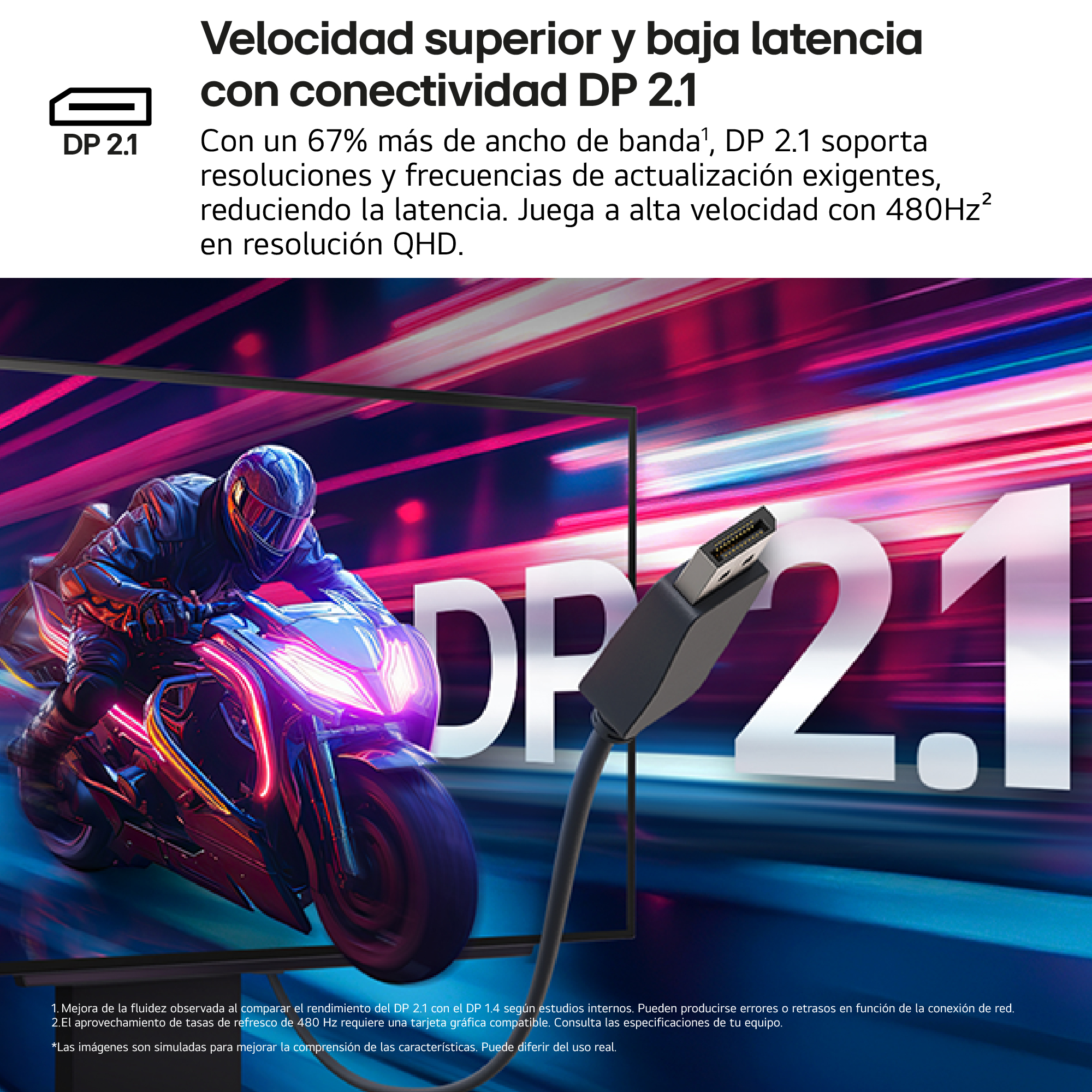 Una moto corriendo en una pista frente a una pantalla con un cable DP 2.1 conectado.