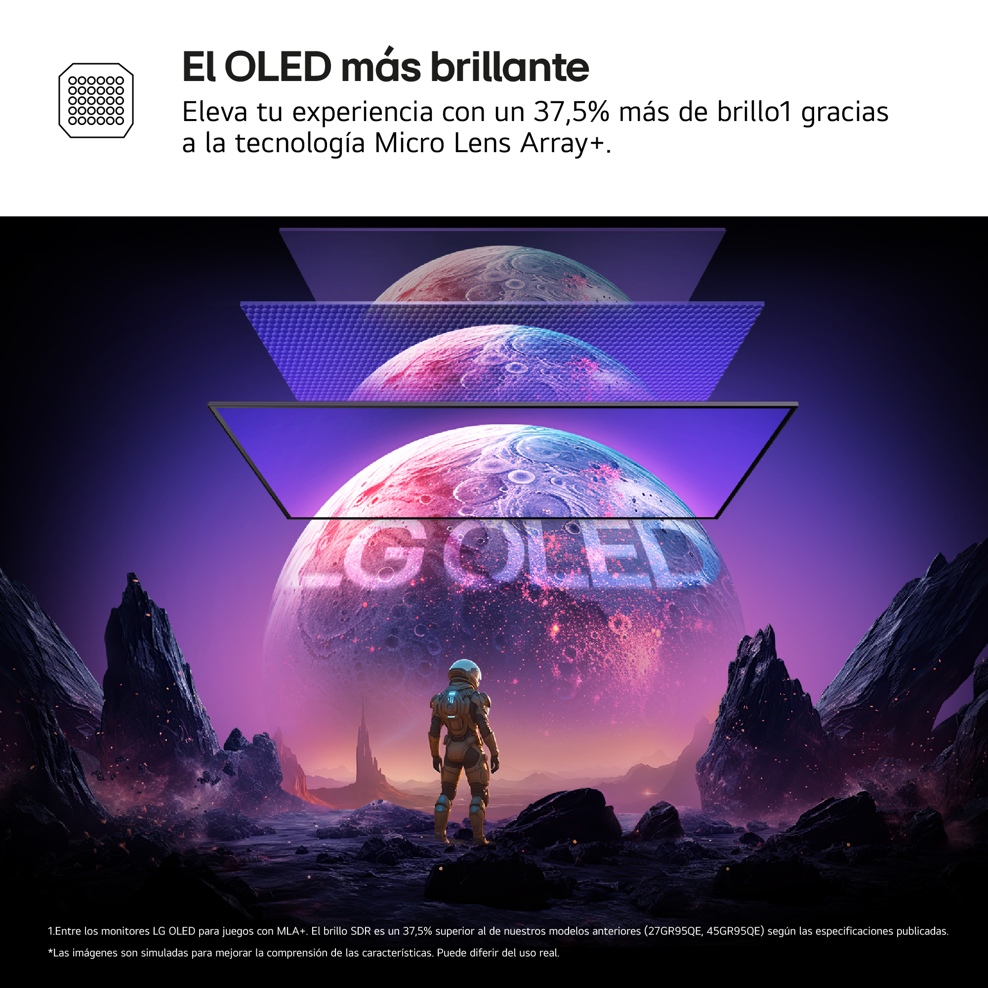 Televisor OLED con una escena espacial. Astronauta, planetas con el logotipo de LG OLED.