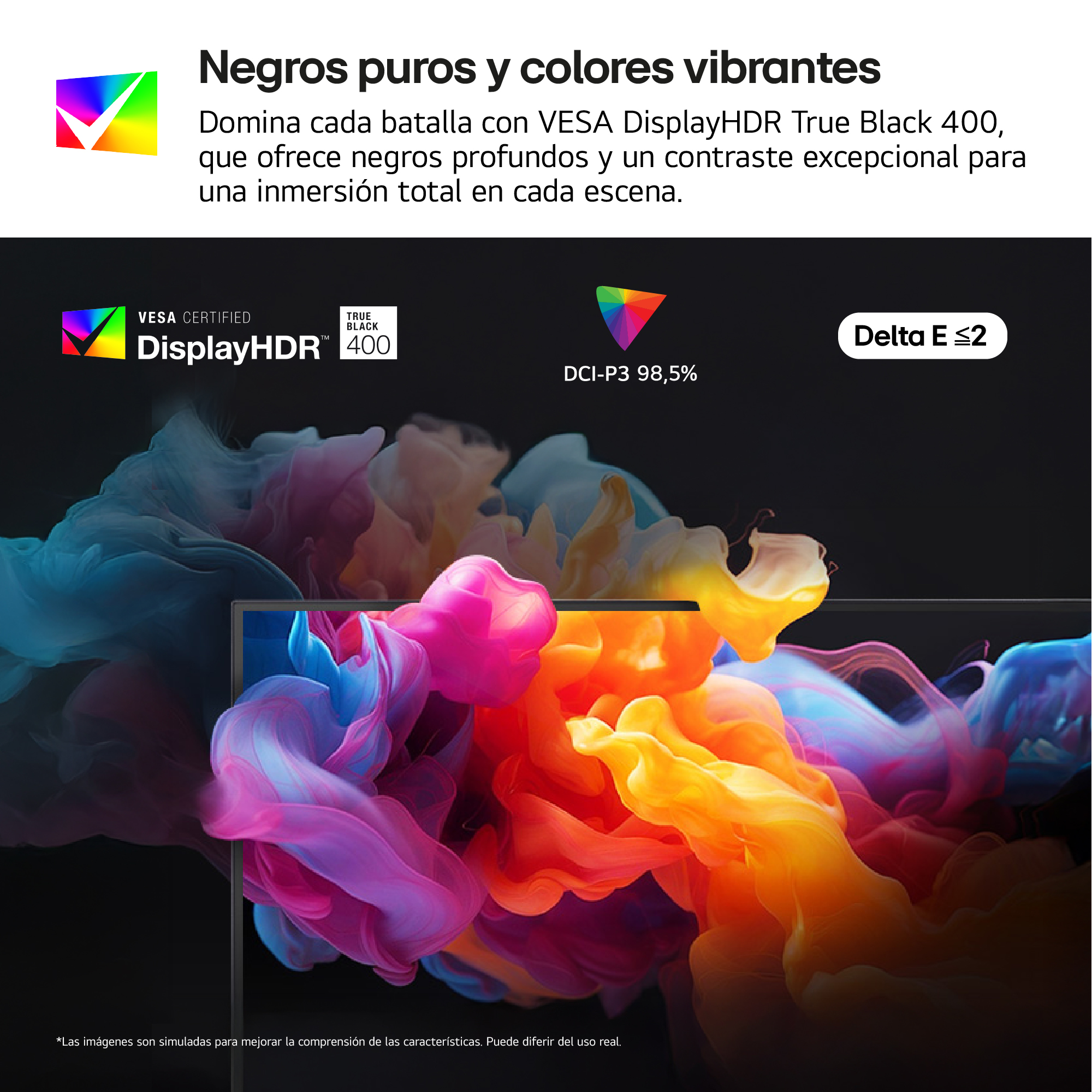 Un anuncio con texto e imagen abstracta colorida, promocionando tecnología de pantalla.