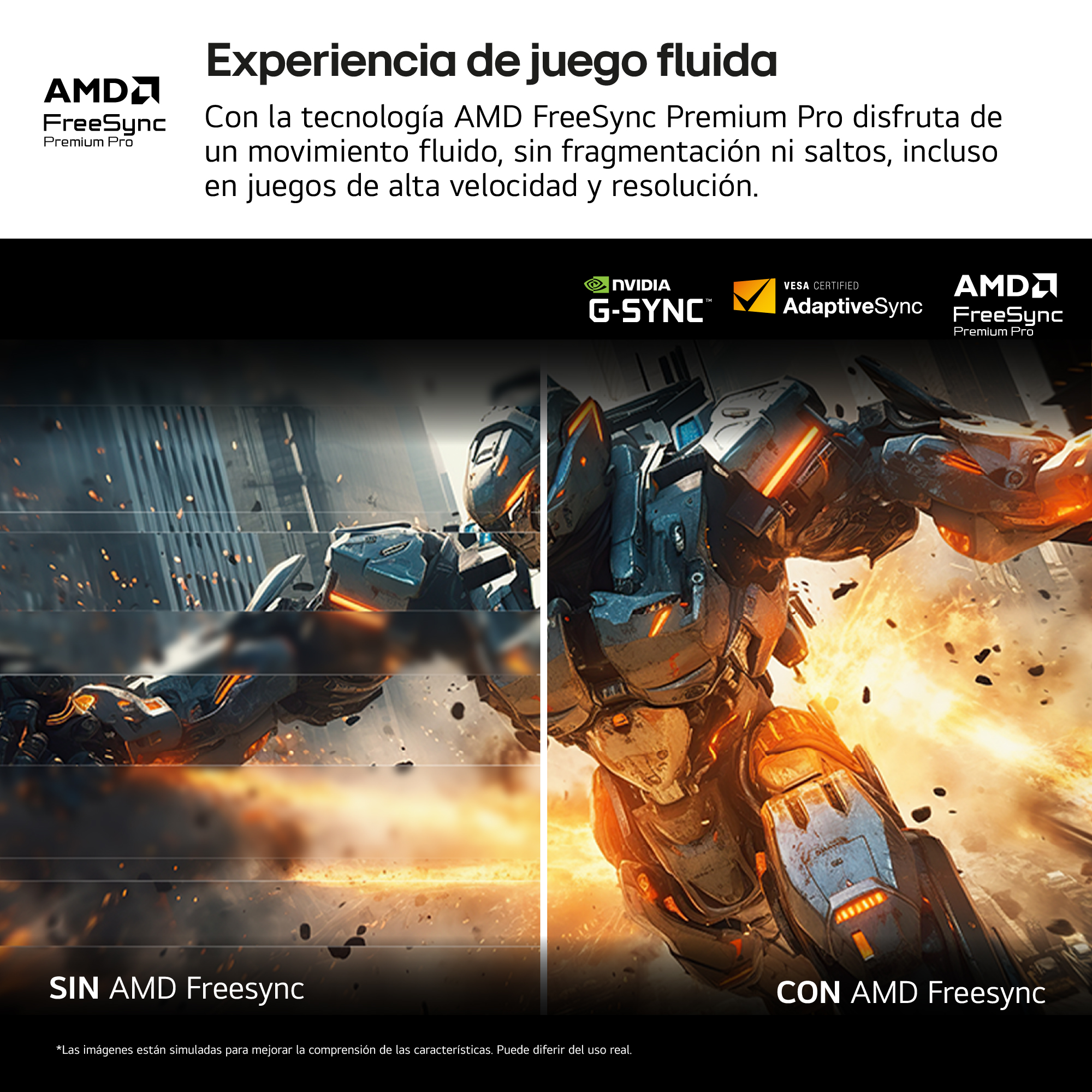 La imagen muestra un robot en acción, con y sin AMD FreeSync, y el logotipo de AMD FreeSync.