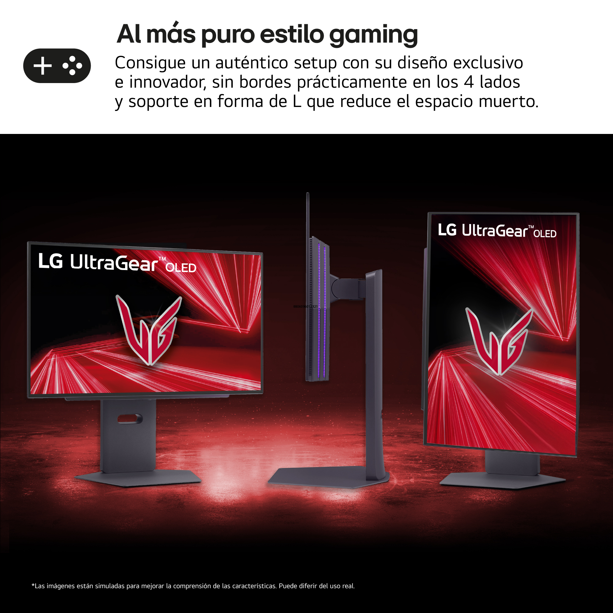 Monitores gaming sobre una superficie negra. Tres monitores: dos a los lados y uno en el medio.