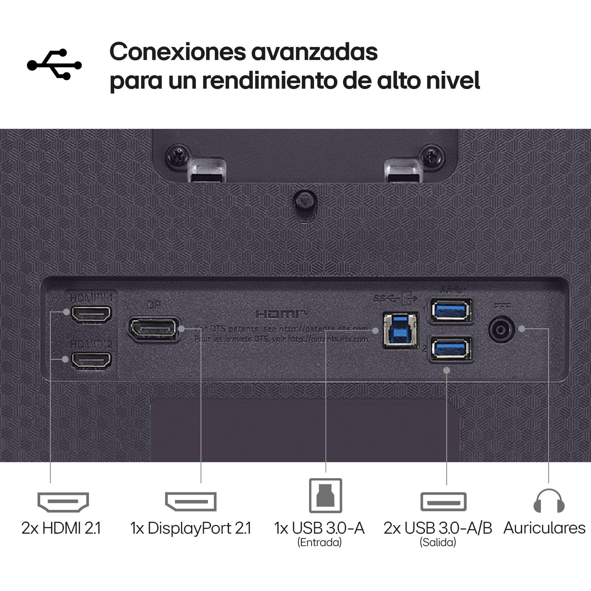 Primer plano de los puertos de TV: HDMI, USB y salida de audio, con etiquetas.