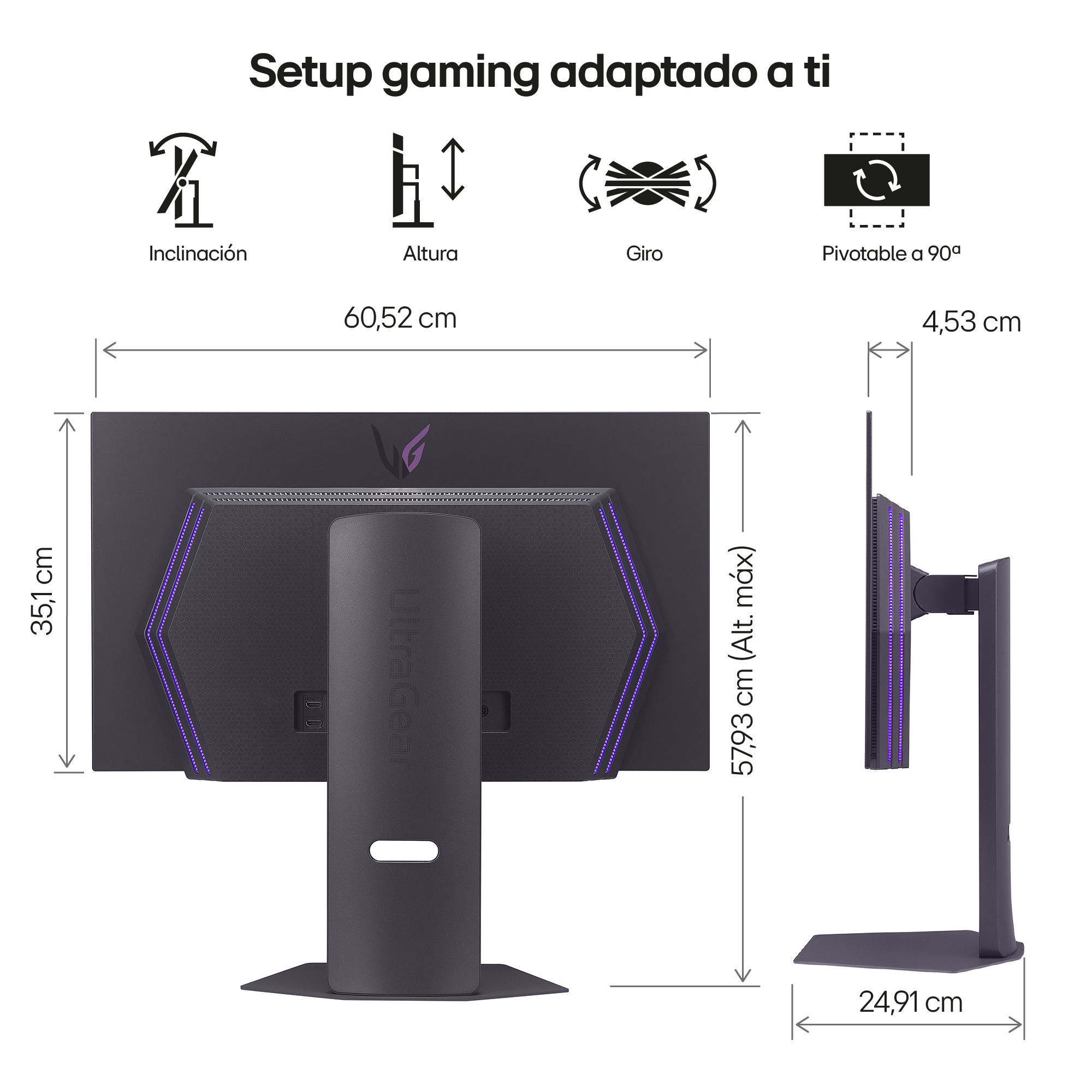 Monitor para juegos, con dimensiones, con opciones de ajuste: inclinación, altura y giro.