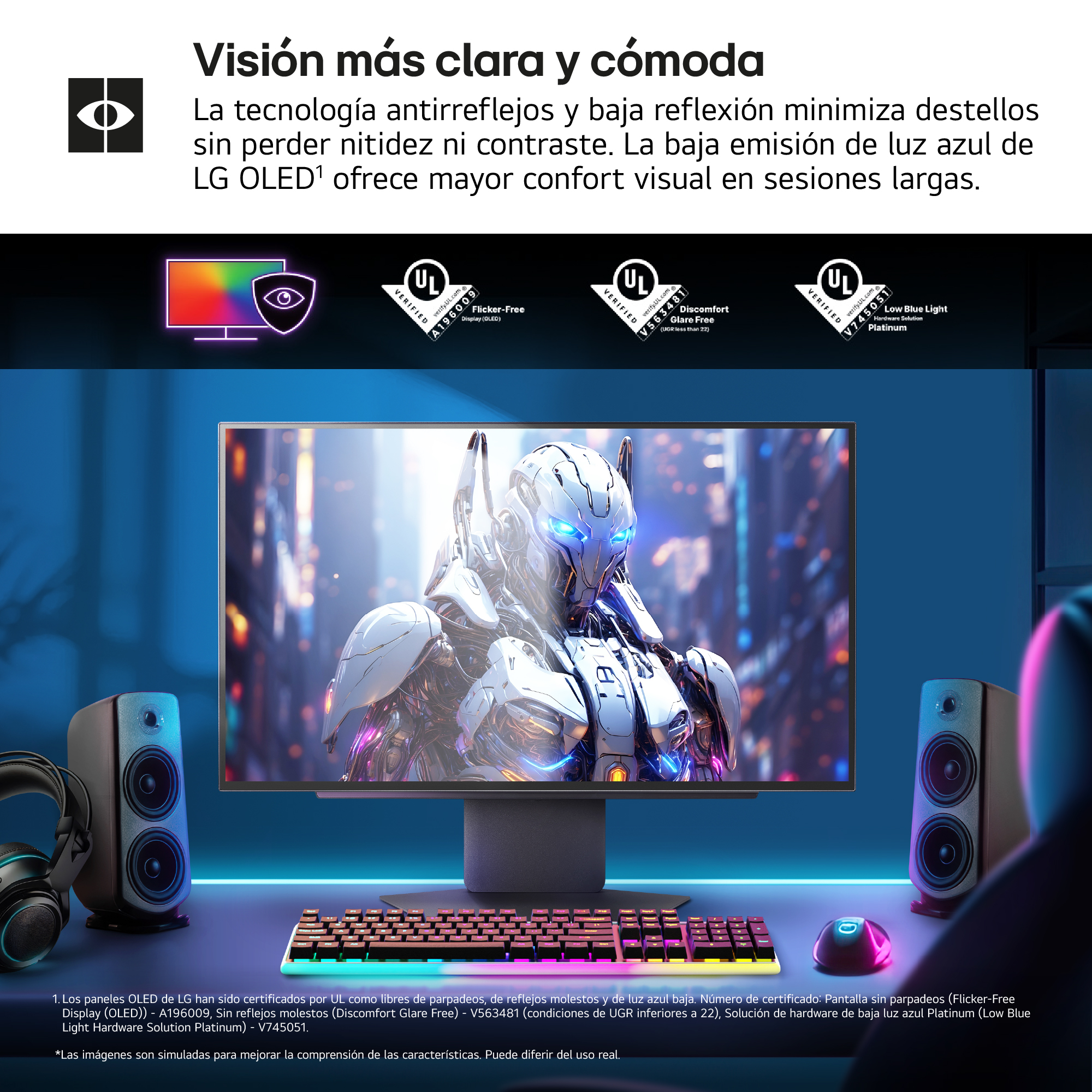 Un monitor de computadora con una imagen futurista. Tiene dos altavoces, un teclado y un ratón.