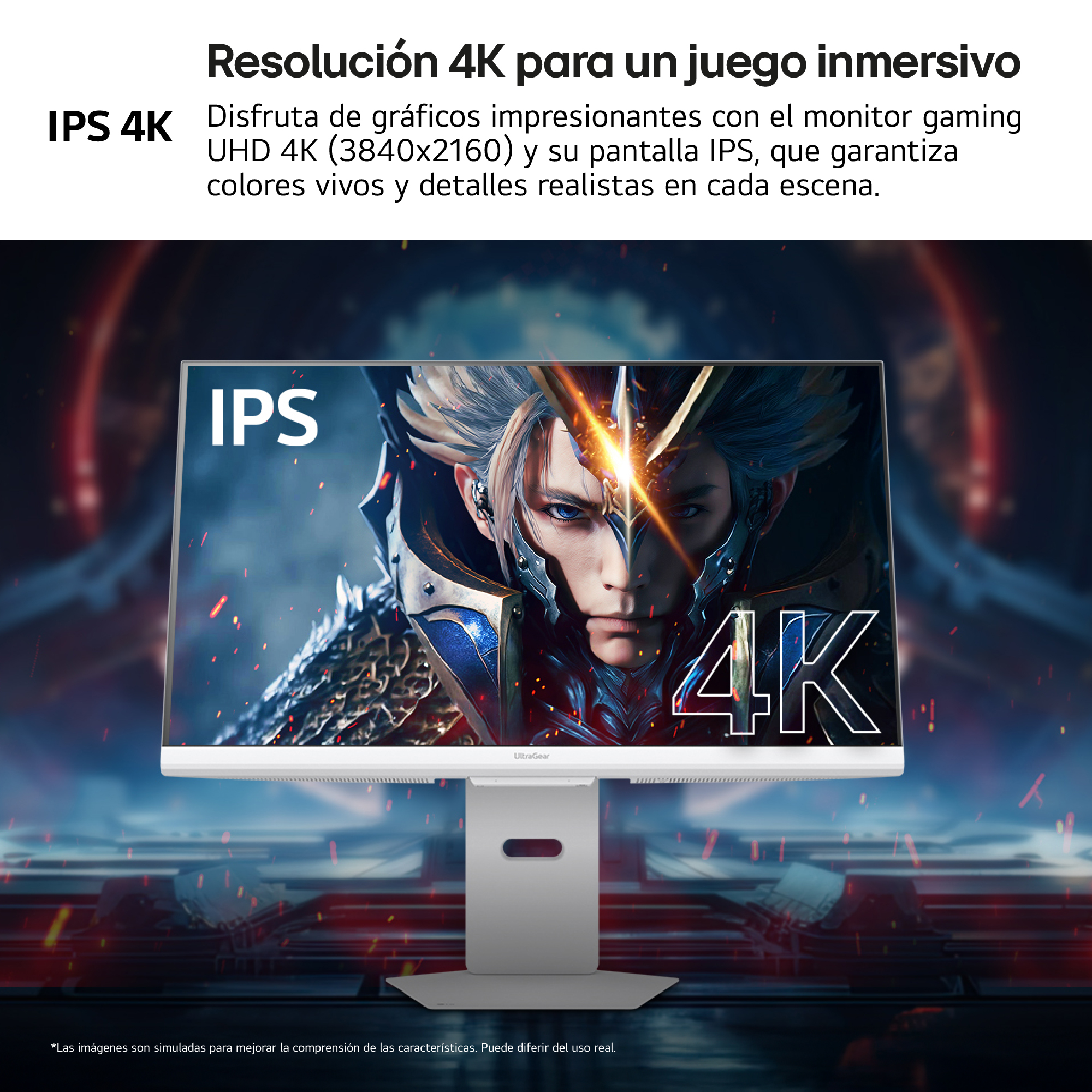 Monitor 4K que muestra una escena de juego, con texto en español.