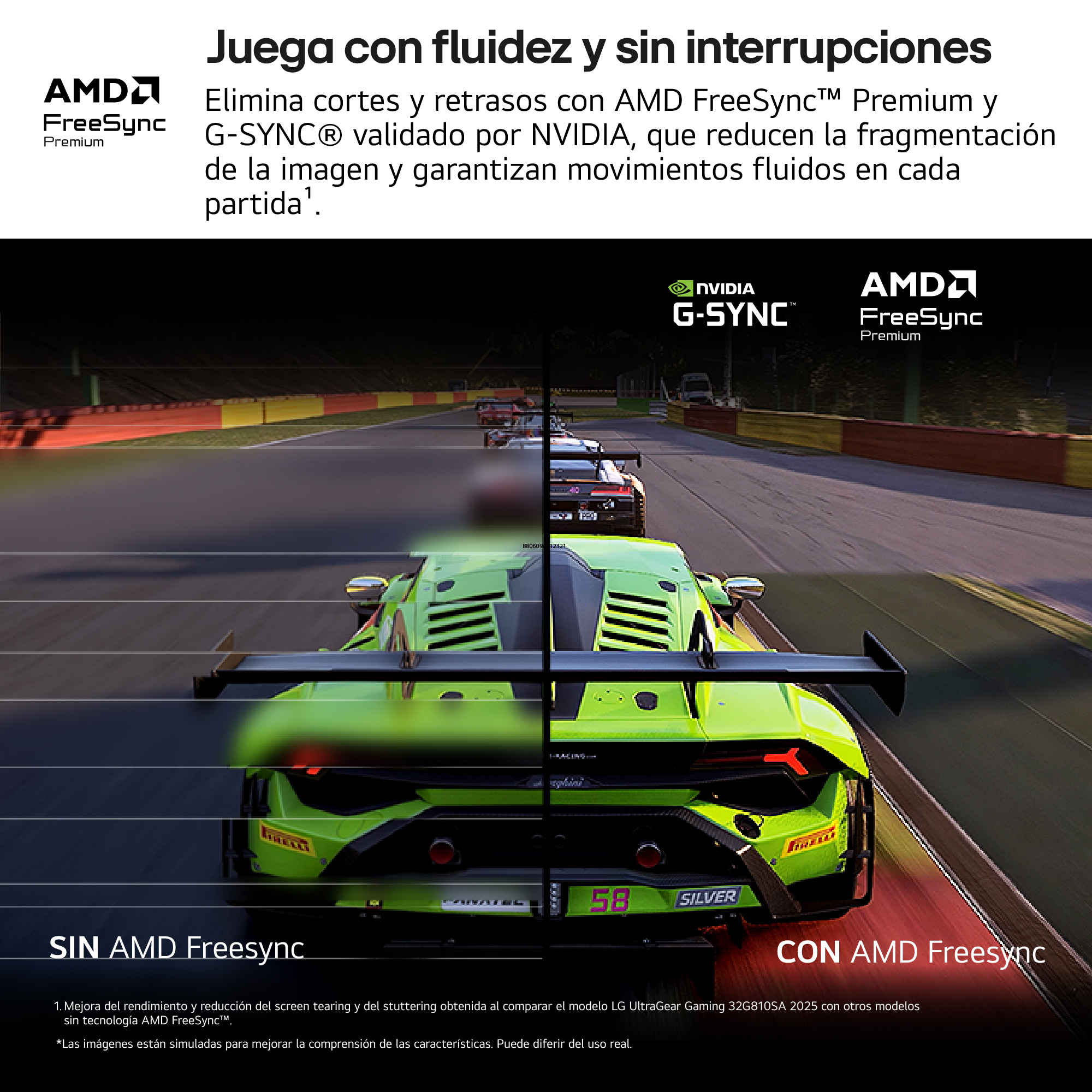 Escena de coches de carreras. Pantalla dividida que muestra AMD FreeSync. El lado derecho, con AMD FreeSync, es más suave.