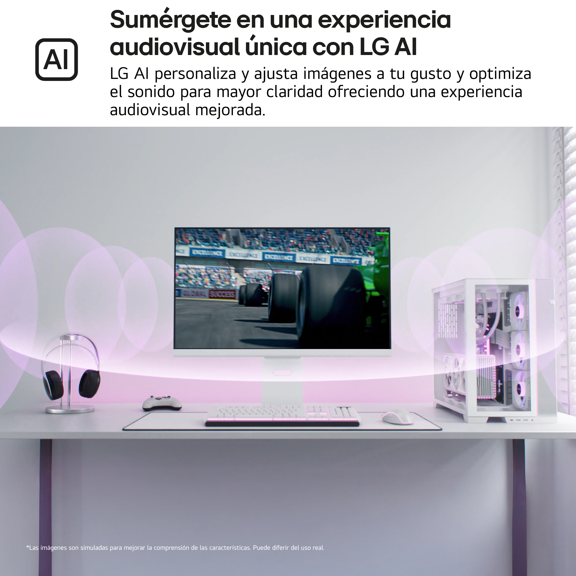 Escritorio con monitor mostrando carrera, PC, auriculares y teclado.