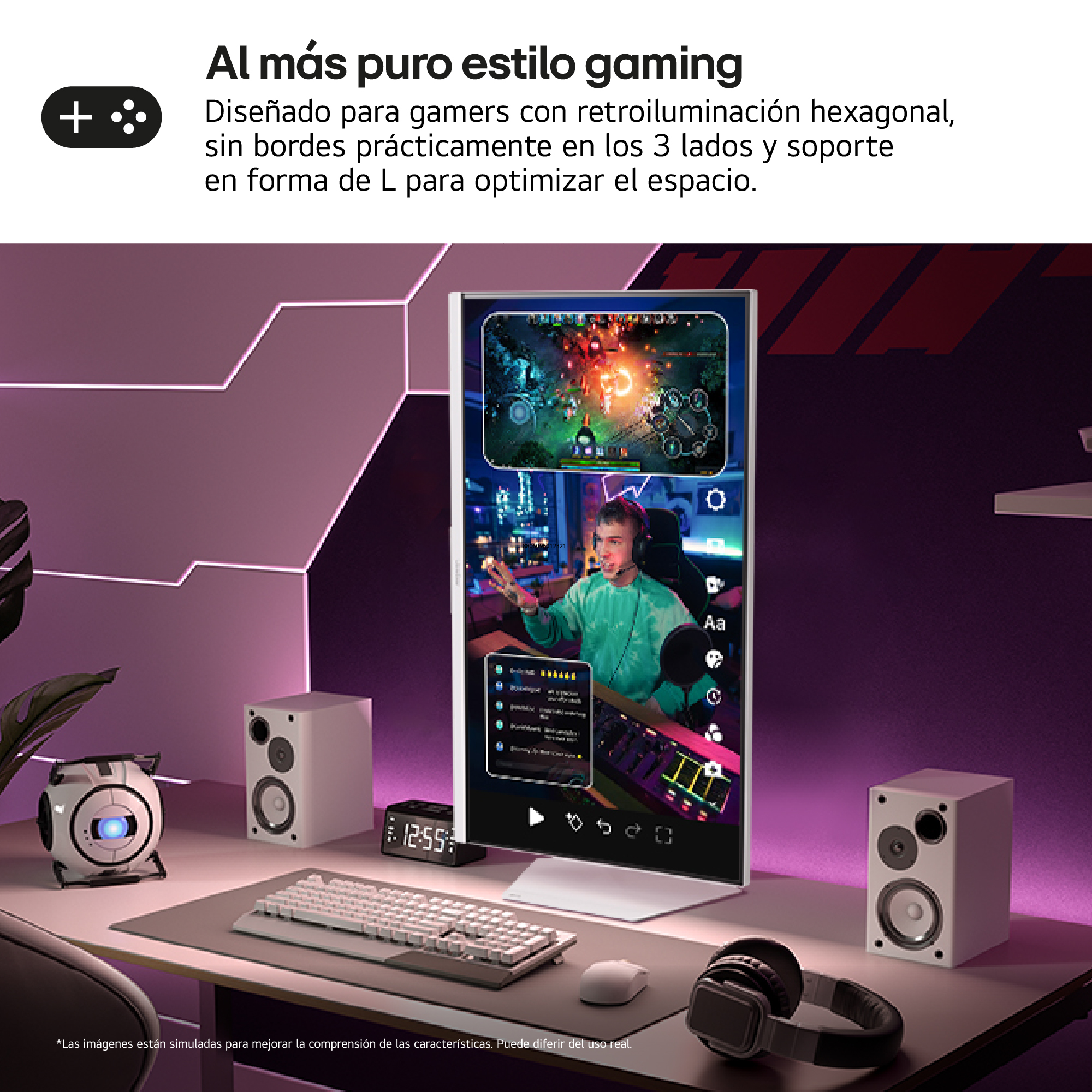 Una configuración de juego con una pantalla que muestra un juego, altavoces y un teclado.
