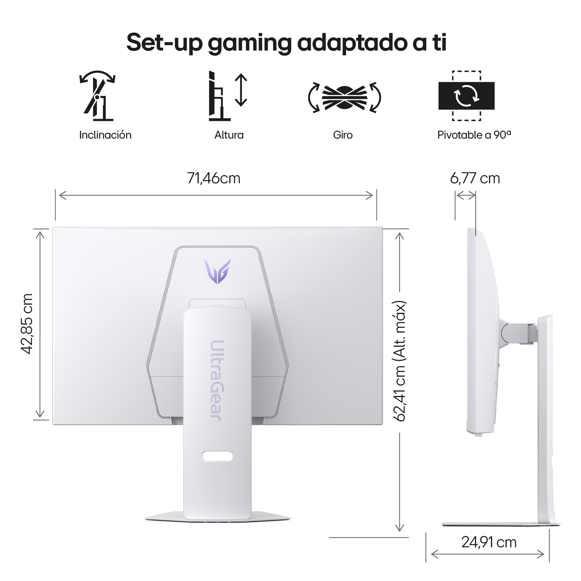 Un monitor blanco con dimensiones e iconos de ajustes. La pantalla está en blanco.