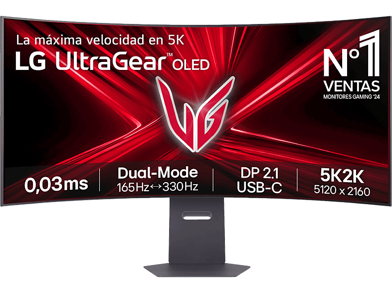 LG UltraGear™ 45GX950A-B, 45 5K2K, Dual Mode (165/330Hz), 0.03 ms, OLED, VA curvo 800R, 2x HDMI, HDR10, Morado grisáceo