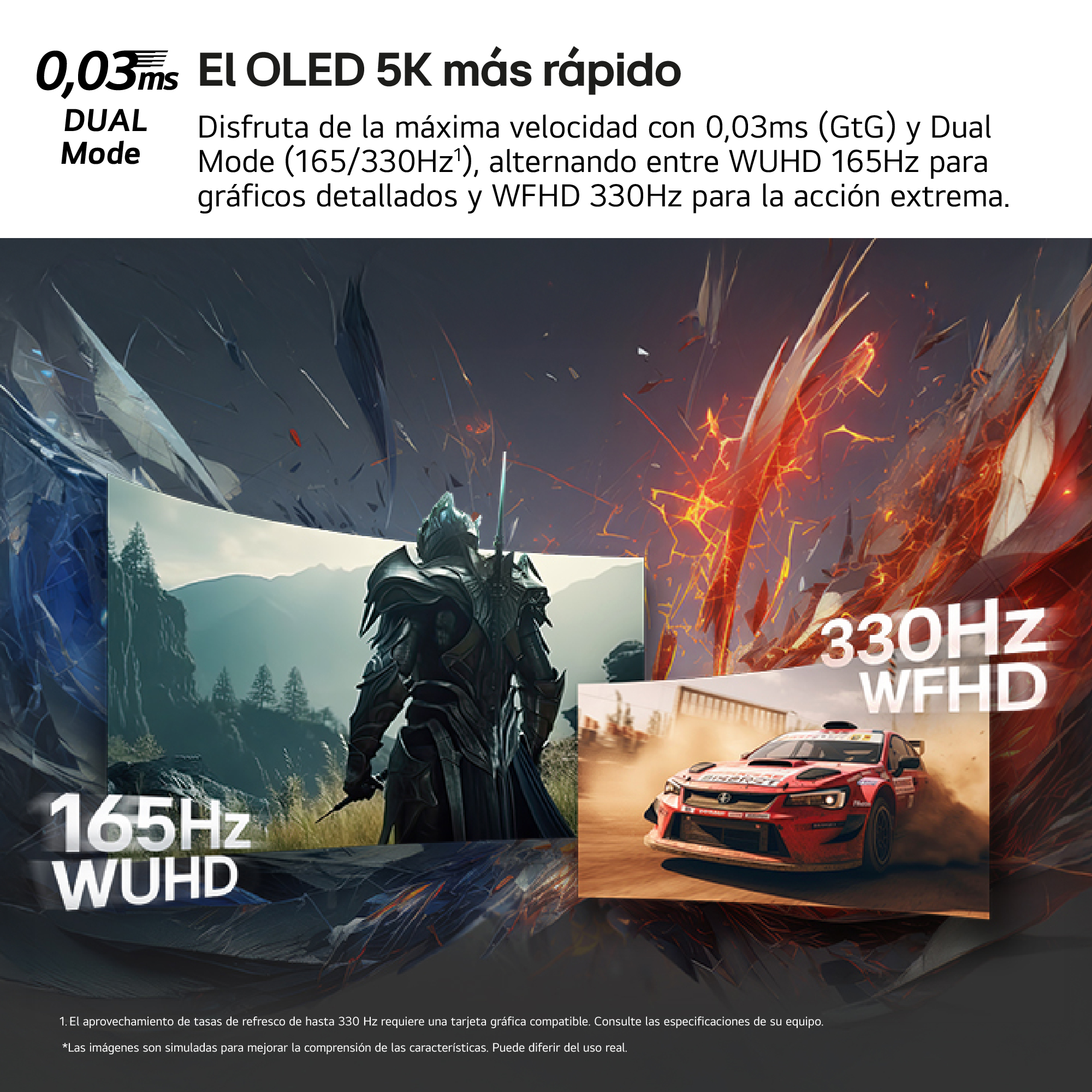 Pantalla OLED 5K de modo dual, con escenas de acción. Textos y detalles.