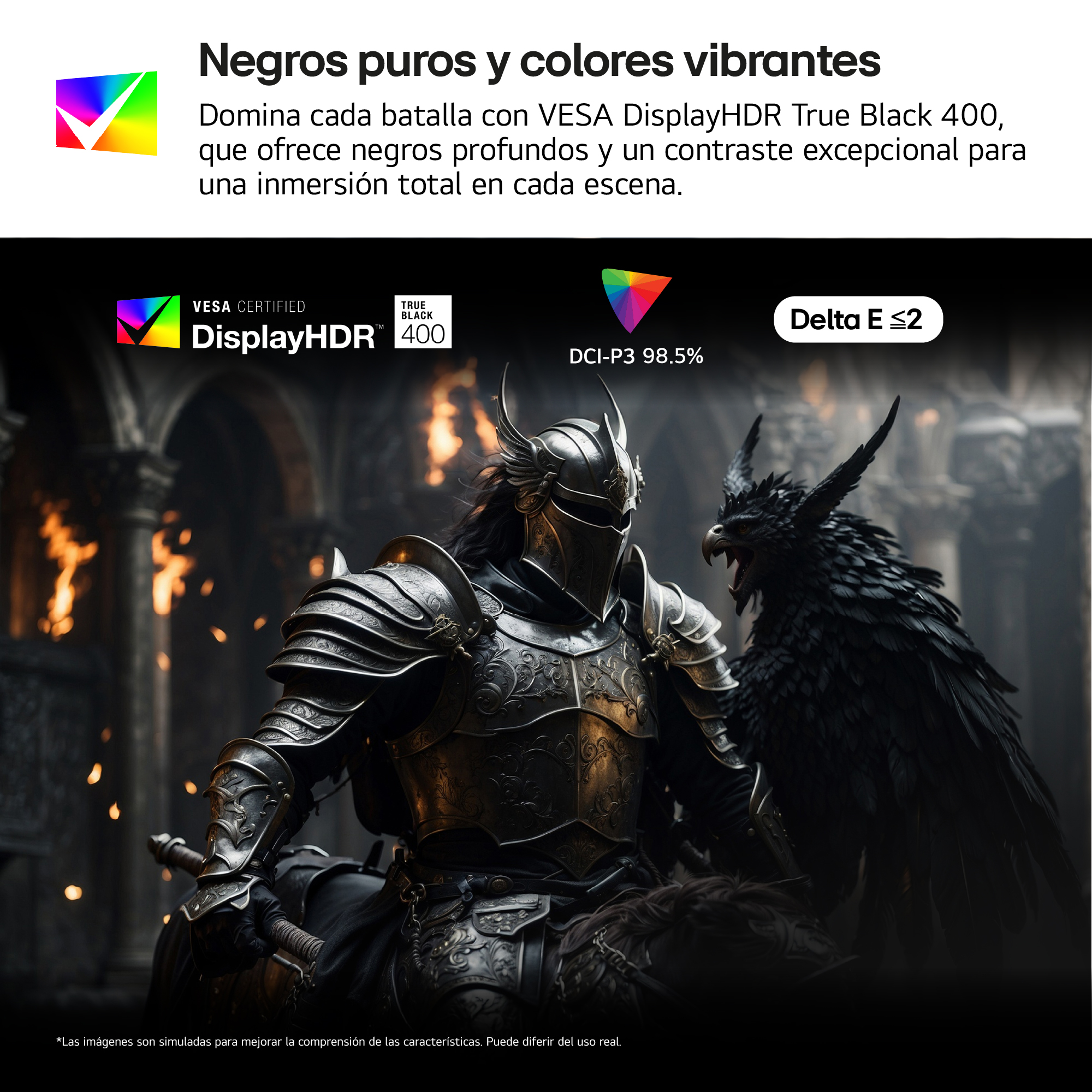 Un anuncio muestra un guerrero y un dragón. Texto sobre VESA DisplayHDR True Black 400.