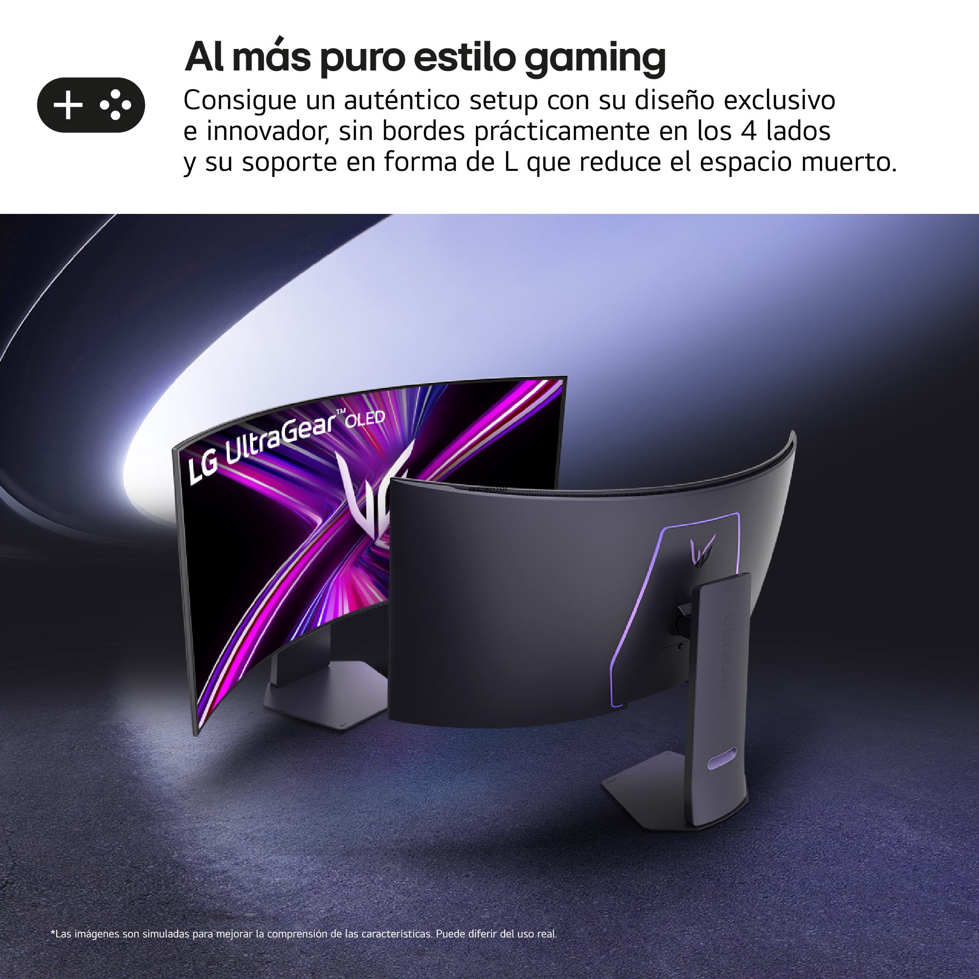 Un monitor para juegos con dos pantallas curvas. El fondo es oscuro con iluminación púrpura.