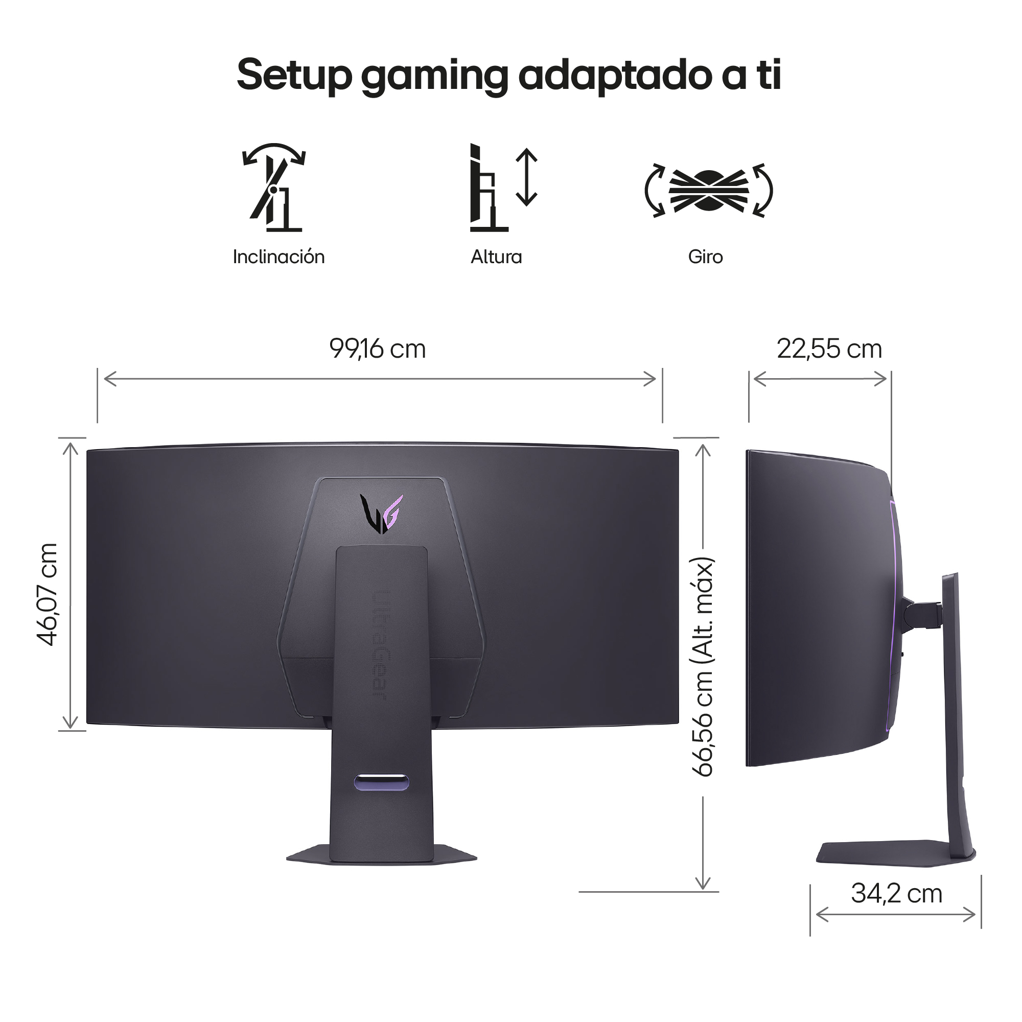 Monitor de computadora curvo grande con dimensiones. Pantalla negra con soporte. Texto en la parte superior.