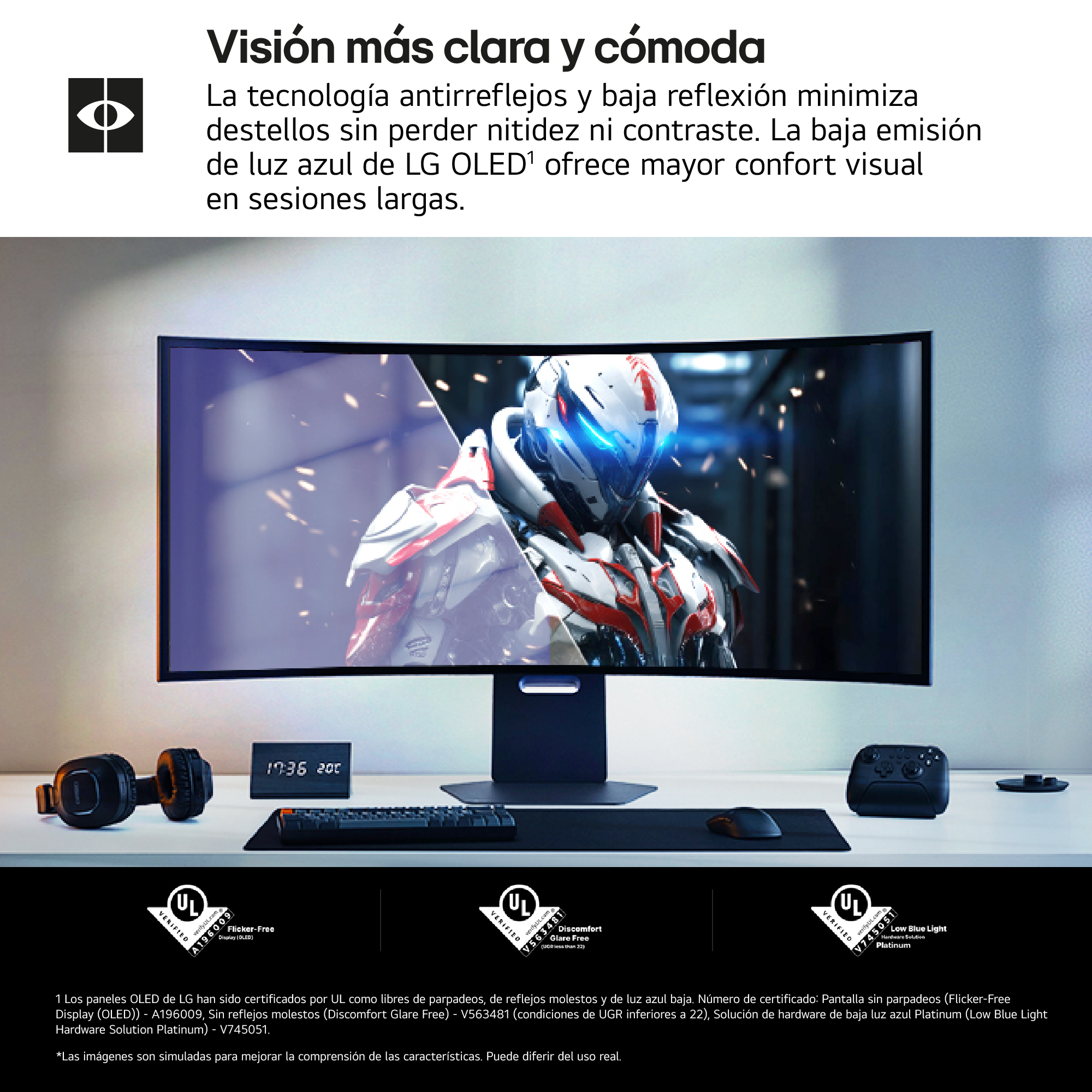 Monitor curvo mostrando una escena de juego, con auriculares, mando y reloj debajo.