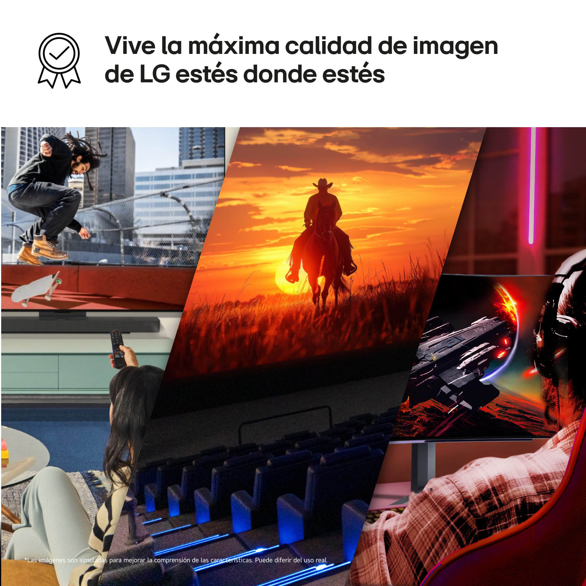 Collage de imágenes: skater, vaquero a caballo y persona en configuración de juego.