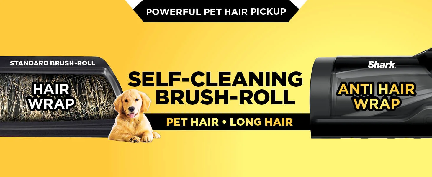 Kutya egy öntisztító kefegörgő mellett. A szöveg azt mondja, hogy 'Powerful Pet Hair Pickup'.