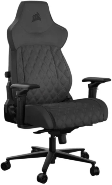 Czarny fotel gamingowy z rombowym wzorem na białym tle.