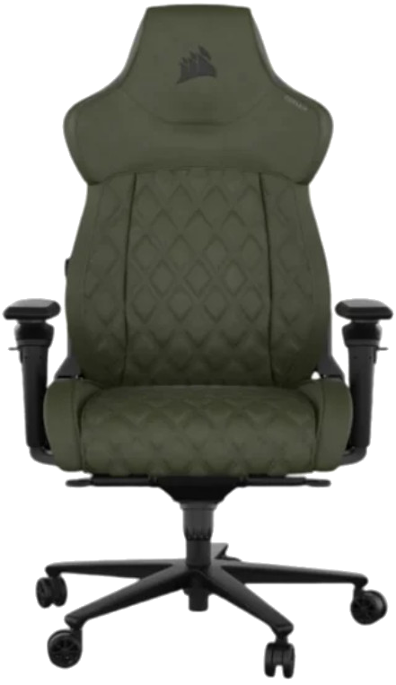 Zielony fotel do gier z pikowanym oparciem w romby i czarnymi podłokietnikami.