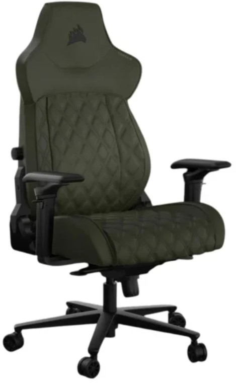 Fotel do gier. Zielony z czarnymi akcentami. Wzór diamentów na siedzisku i oparciu. Logo Corsair.